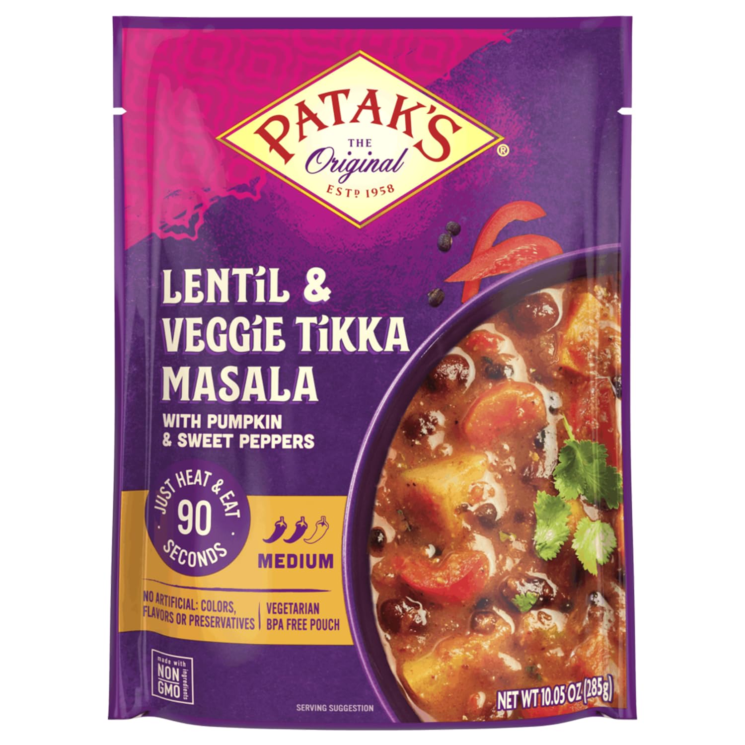 Patak’s Lentil & Veggie Tikka Masala - Vegetarian Indian Curry w/Lentils, Beans, Pumpkin, Sweet Potatoes & Vegetables - Ready-to-Eat Microwaveable Meal - Serve with Rice or Naan - 10.5oz (Pack of 1)