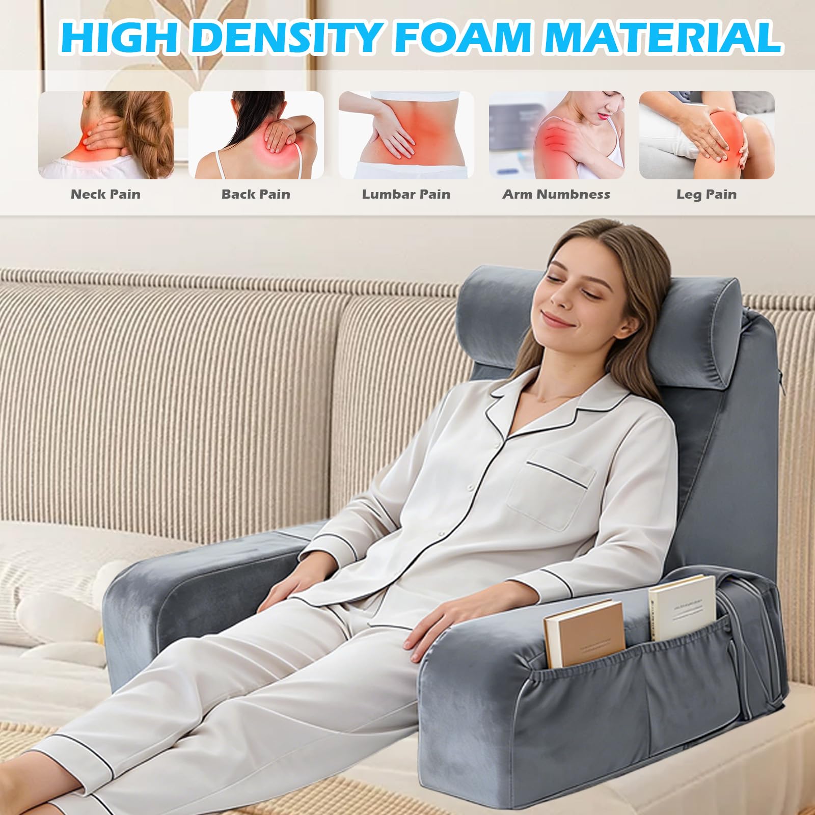 Cuscino da lettura per adulti, cuscino per schienale per letto e divano con braccioli rimovibili, schienale ergonomico per leggere, guardare la TV e rilassarsi, rivestimento lavabile