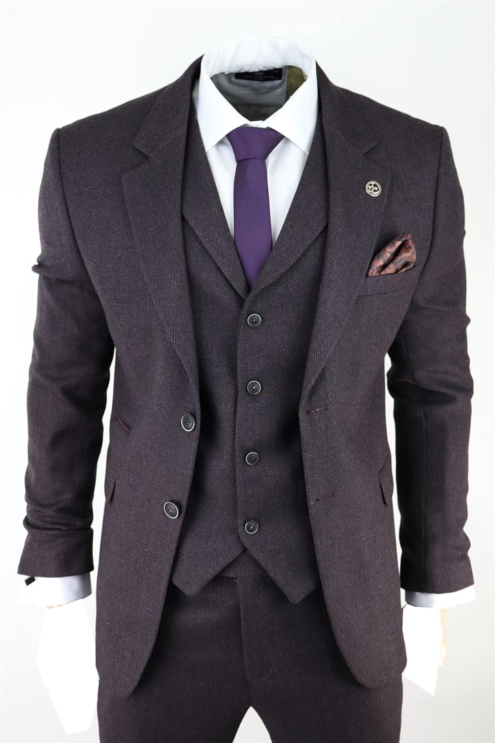 Mens Herringbone Tweed 3 Piece Suit Purple Plum Tailored 1920s Vintage Blinders - Image 4