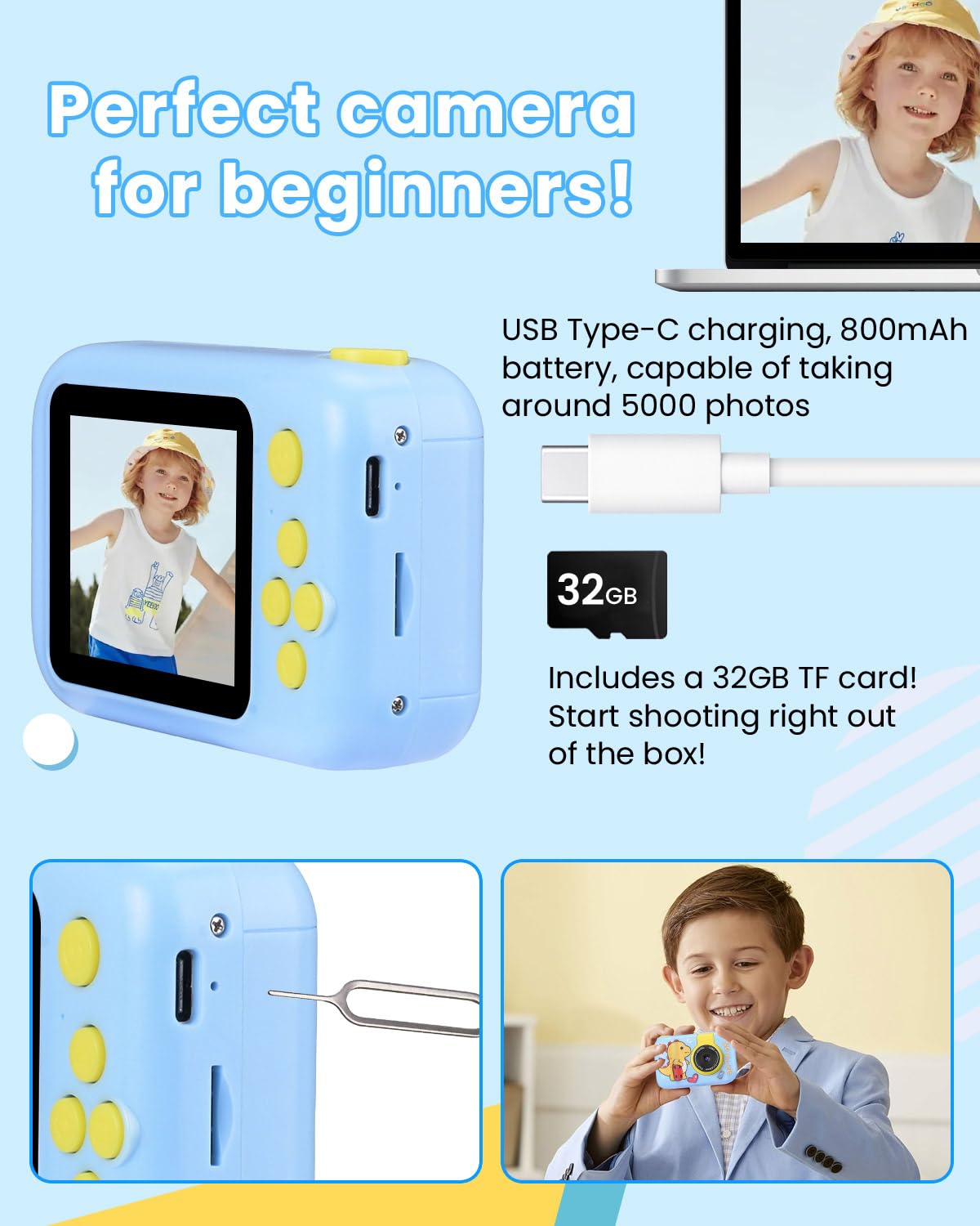 Fotocamera per Bambini con Treppiede, Macchina Fotografica Digitale Dinosauro per Ragazzi 3-10 Anni, 1080P, Display IPS 2.4", Obiettivo Rotante 180°, Scheda 32GB, Regalo Natale o Compleanno,Blu