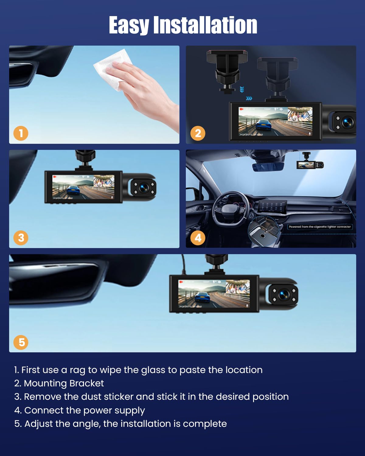 Dashcam Voiture Avant Intérieur avec 2 Canaux Dash Cam, 1080P 3.16" Écran, Camera Voiture Vision Nocturne,Enregistrement en Boucle, Détection de Mouvement, Carte SD 64G