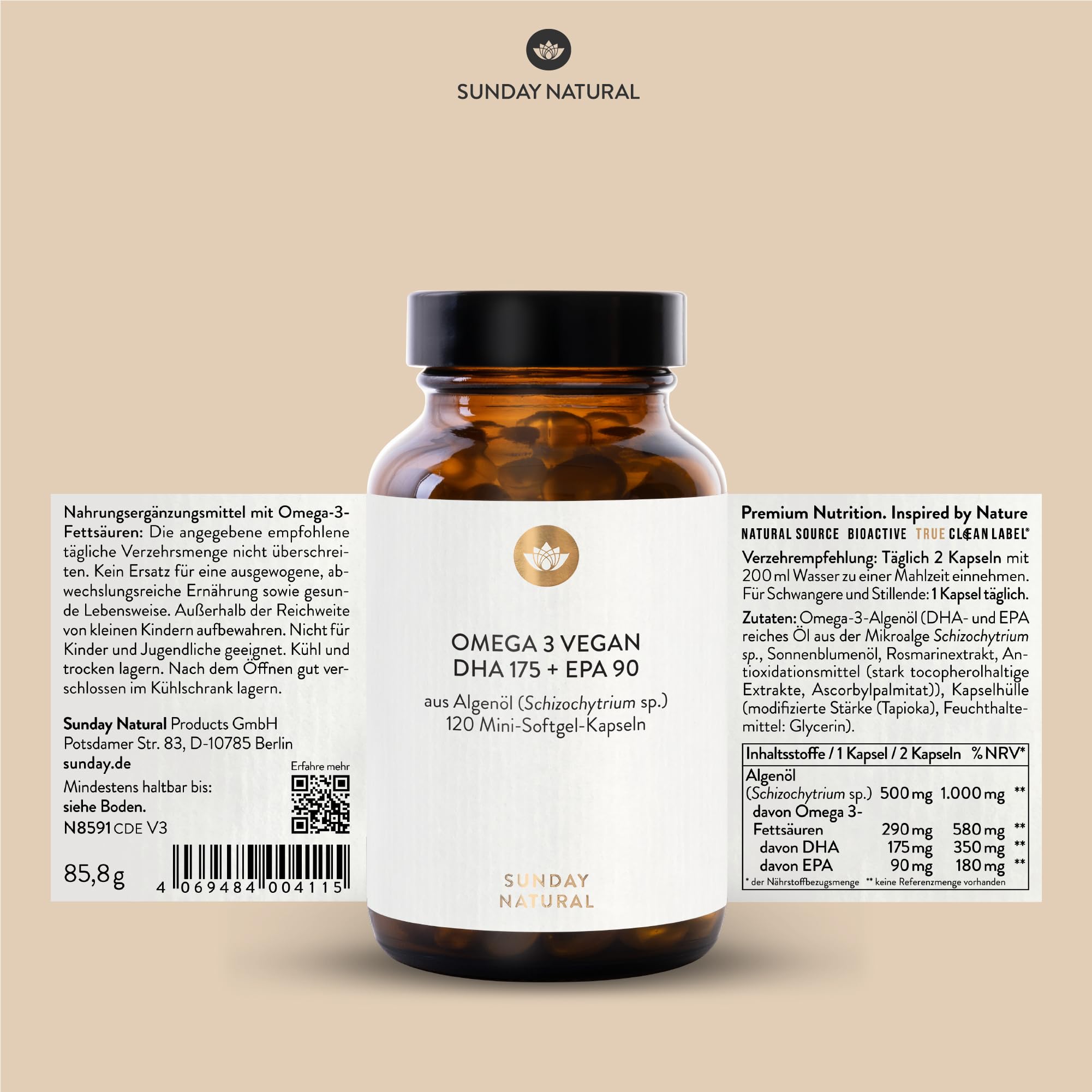 SUNDAY NATURAL® Omega 3 Vegan - 120 Softgel Kapseln - 1.000 mg Algenöl pro Tagesdosis: 350 mg DHA und 180 mg EPA (2 kapseln) - Leicht schluckbare Omega 3 Kapseln - Laborgeprüft