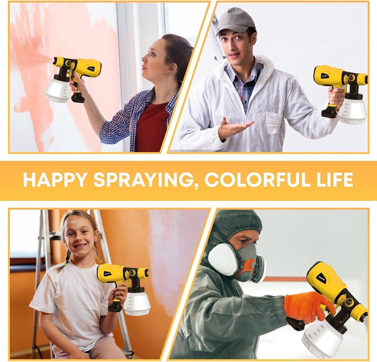 Paint Sprayer 1000W High Power Electric Spray Paint Gun with Adjustable Spray Width Knob 4 Nozzles and 3 Patterns Easy to Clean for Furniture Home Interior House Painting Yellow