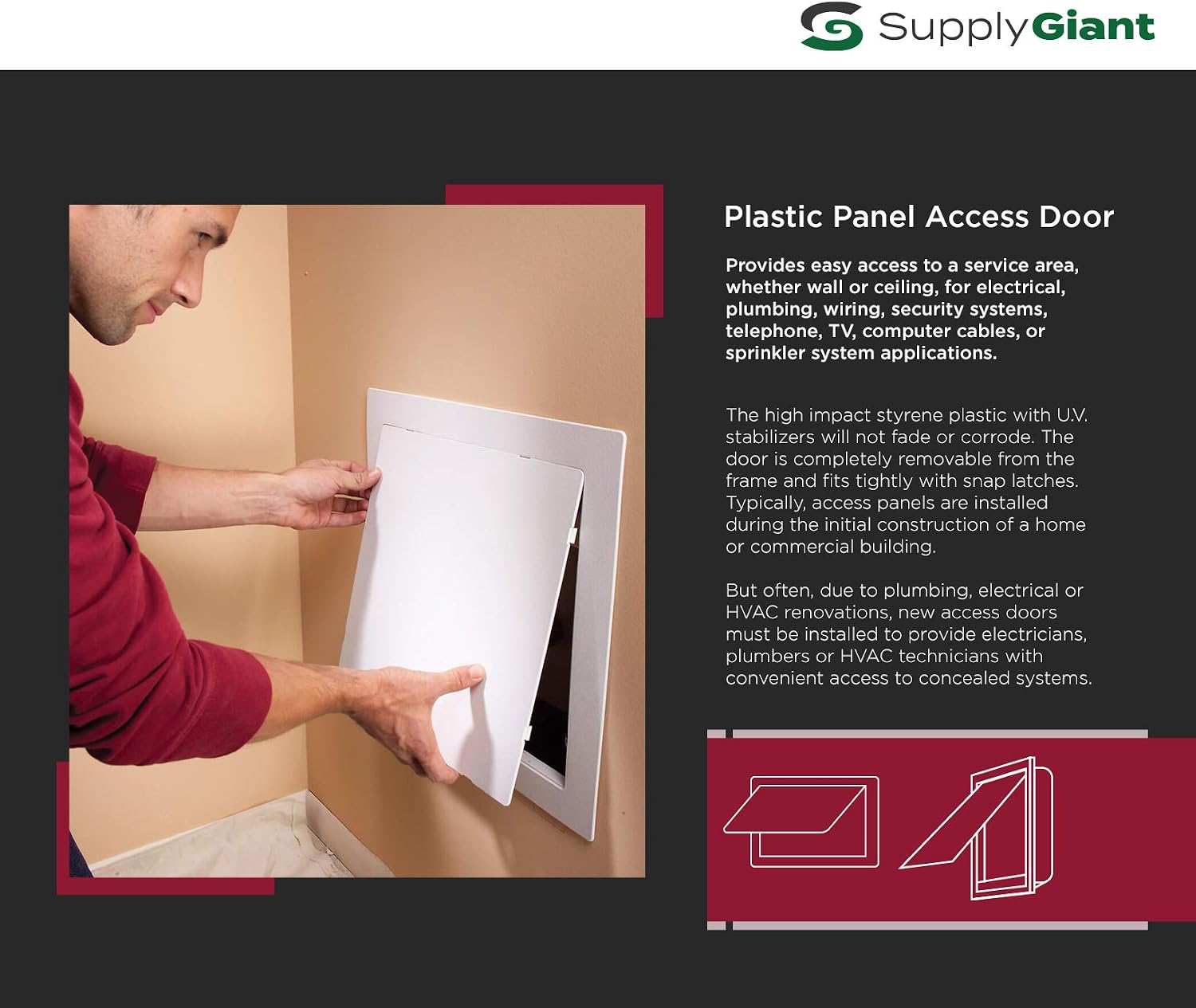 SUPPLY GIANT AP46 Plastic Access Panel for Drywall Ceiling 4 x 6 Inch Reinforced Plumbing Wall Access Door Removable Hinged, White