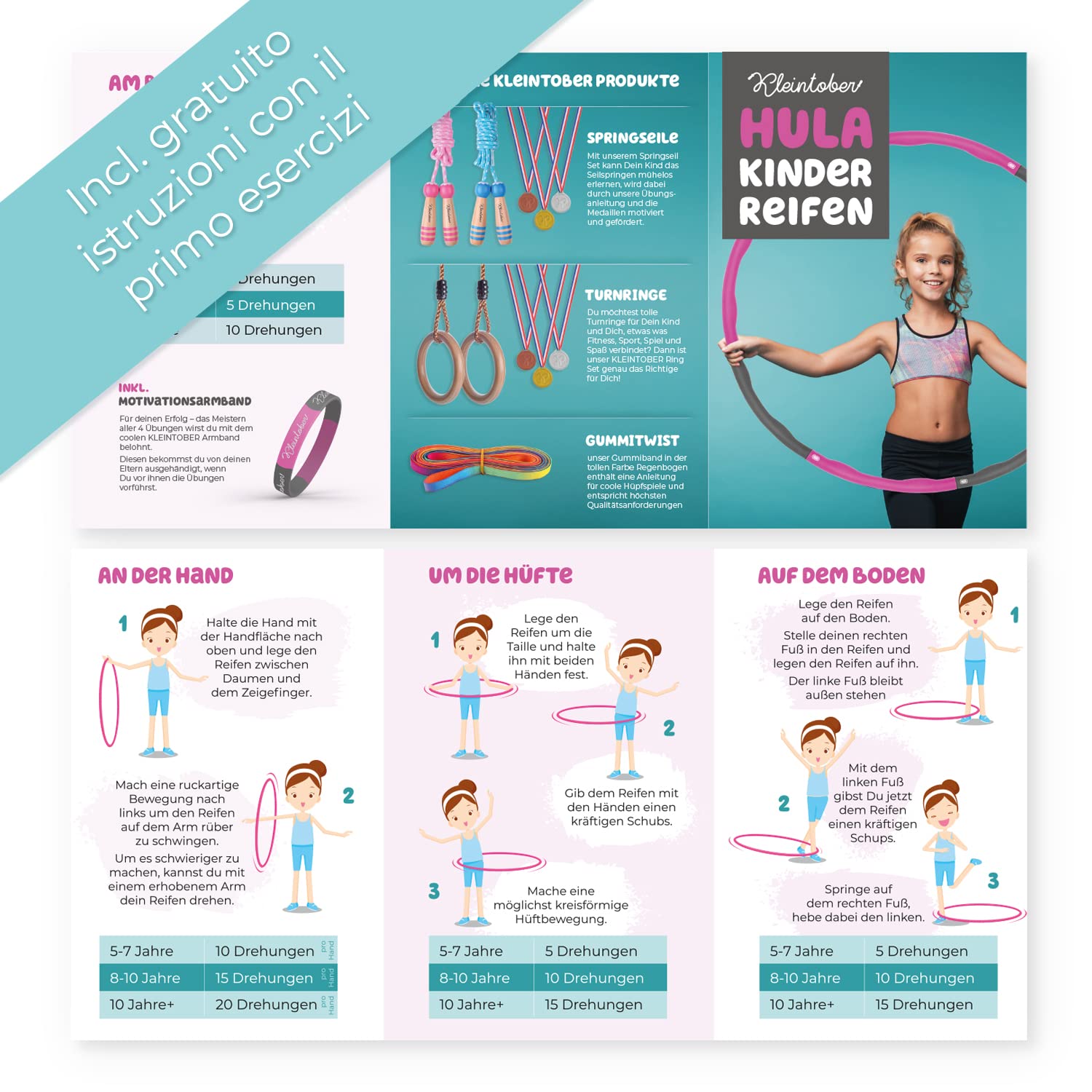 KLEINTOBER I Cerchio Hula Premium per bambini e adulti snelli I Set con istruzioni per esercizi Hula I Cerchio da ginnastica per bambini I Cerchio Hula Hoop per bambini I Cerchio Hullahub I