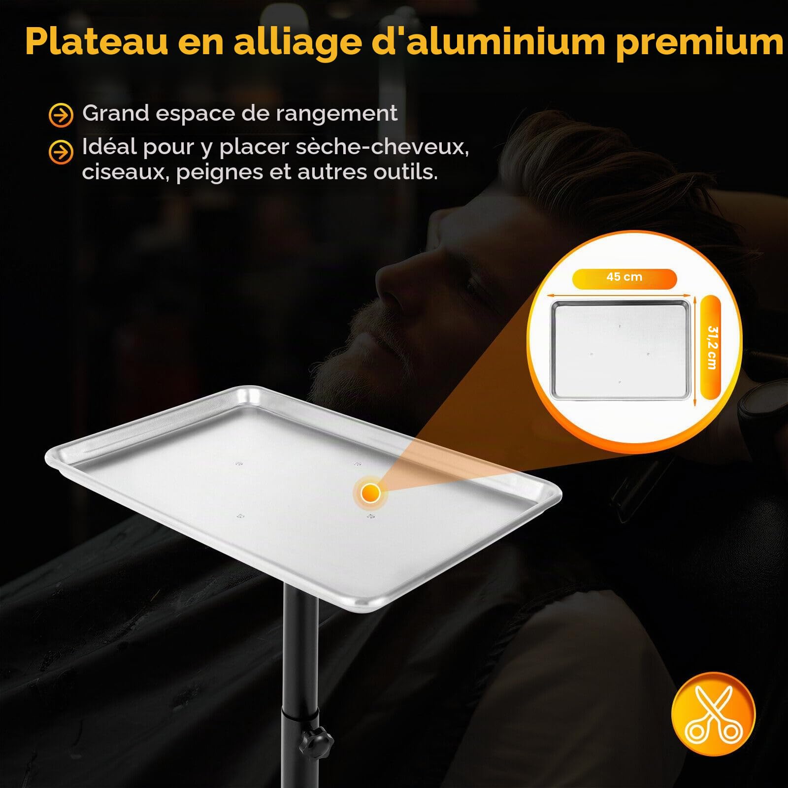 Plateau de Tatouage Chariot de Salon à Roulettes Aluminium Réglable en Hauteur Argenté