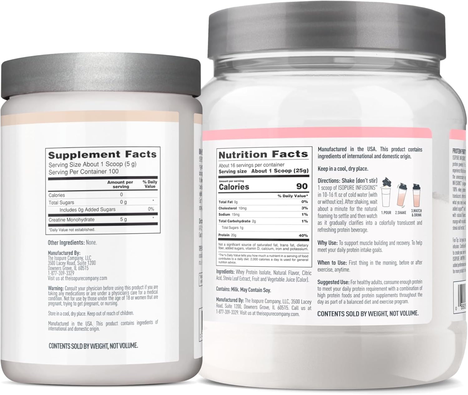 Bundle of Isopure Unflavored Creatine Monohydrate Powder,100 Servings, 500g + Isopure Protein Powder, Clear Whey Isolate, Gluten Free with Zero Added Sugar, Infusions- Mixed Berry, 16 Servings