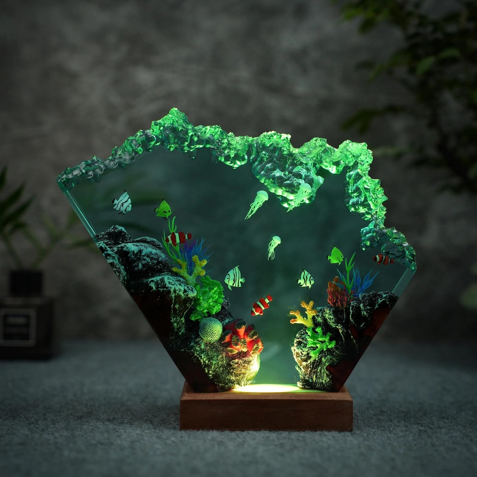 Drawelry Luce Notte Resina Epossidica Paesaggio Sottomarino 3D Artigianale, Decorazion Casa Base Legno, Mini Acquario Marino con Animali Marini Lampada per Cameretta Soggiorno Ufficio (A12)