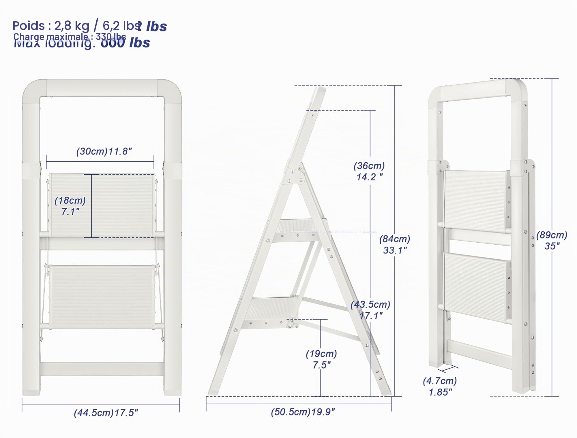 Escabeau Pliable à 2 marches en Aluminium, antidérapant, Portable, Robuste pour la Maison et la Cuisine, Le Bureau, 150 kg