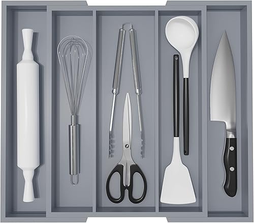 Organizador grande de cajones de utensilios de cocina, organizador de utensilios de cocina expandible con 5 ranuras, organizador multiusos para