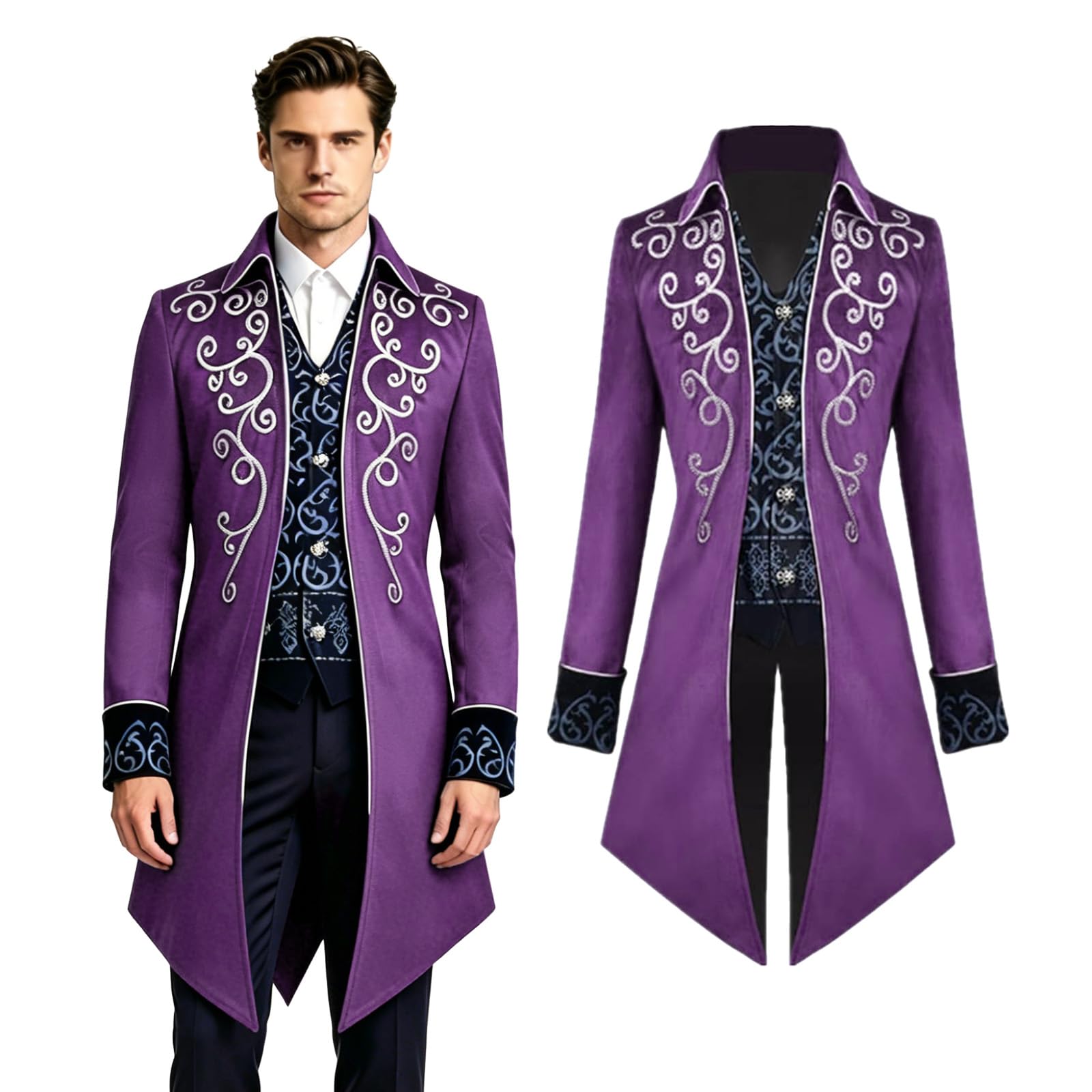Crubelon Men's Steampunk Tailcoat – Vintage Victorian Gothic Coat with Embroidery – Elegant Medieval Vampire & Pirate Cosplay Costume for Halloween, Carnival, and Parties(Purple, XL)