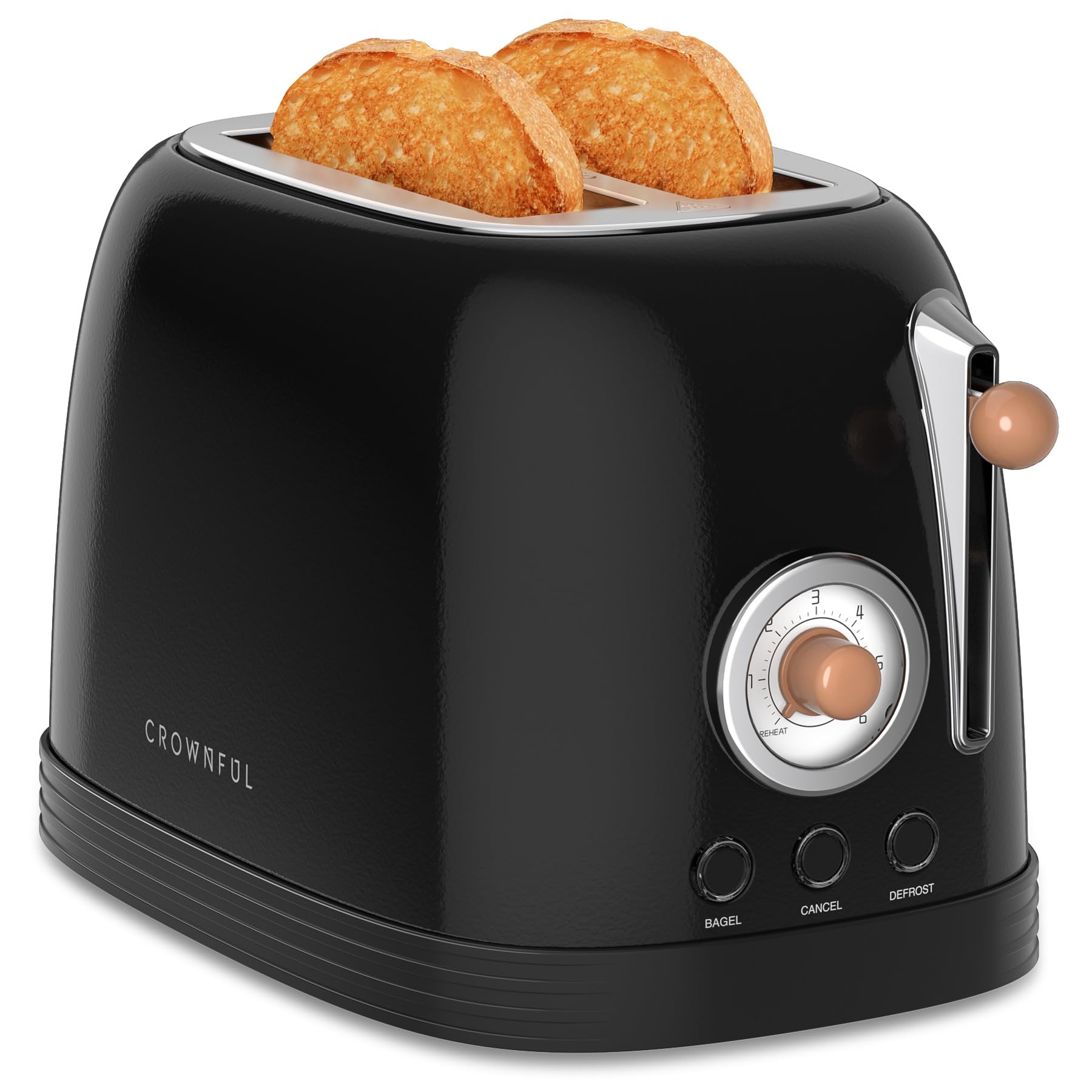 CROWNFUL 2-Slice Toaster, Extra Wide Slots Toaster, Retro Stainless Steel with Bagel, Cancel, Defrost, Reheat Function and 6-Shade Settings, Removal Crumb Tray, Black