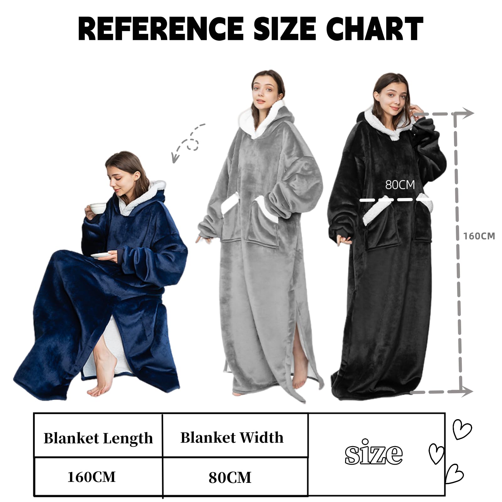 Emwwat Coperta extra lunga con cappuccio, oversize Sherpa con cappuccio per donne e uomini, coperta indossabile con maniche e tasca gigante