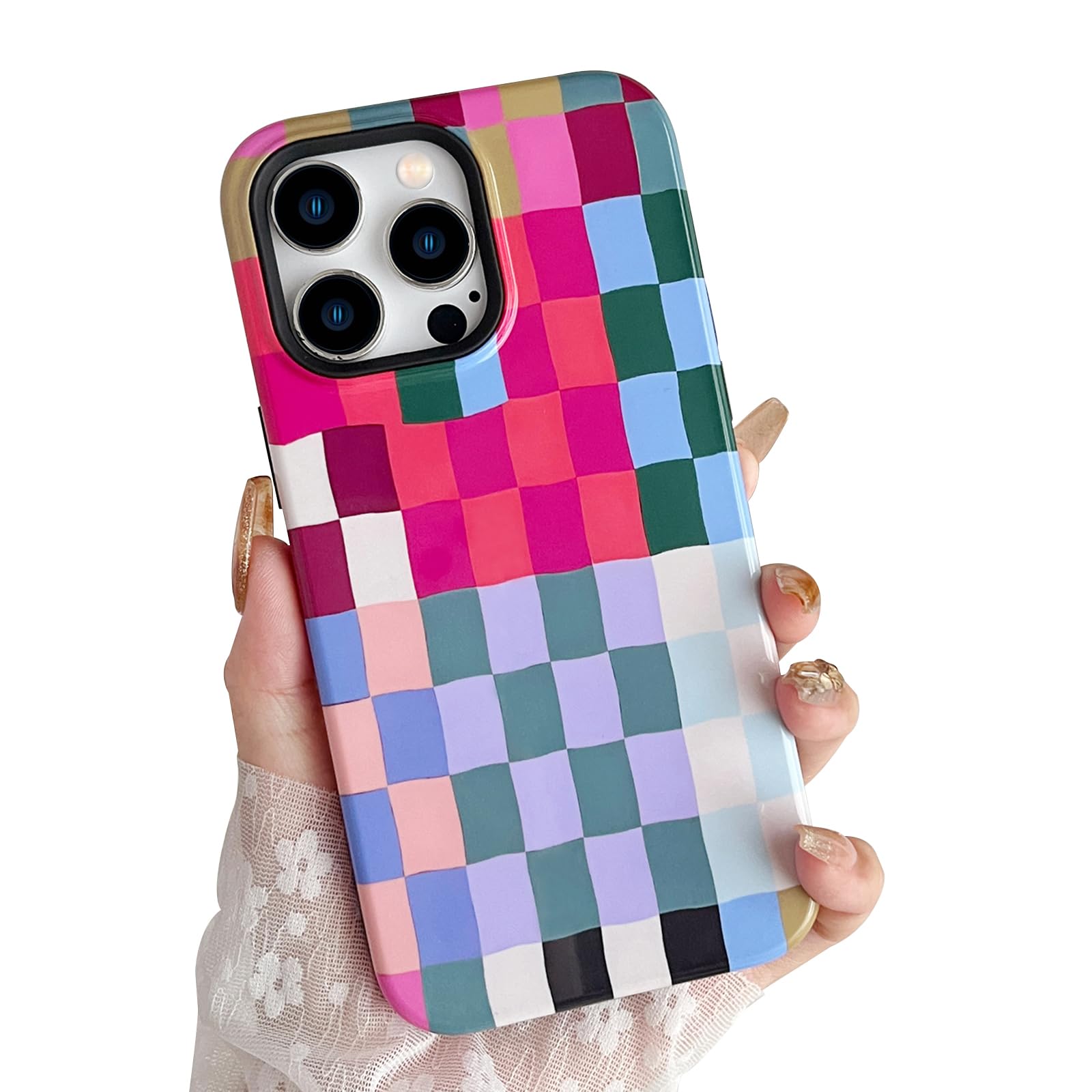 branple Compatible with iPhone 13 Pro Case,Cute Simple Colorful Checkered Case with Shockproof Slim Soft TPU and Hard PC Protective Covers for Women/