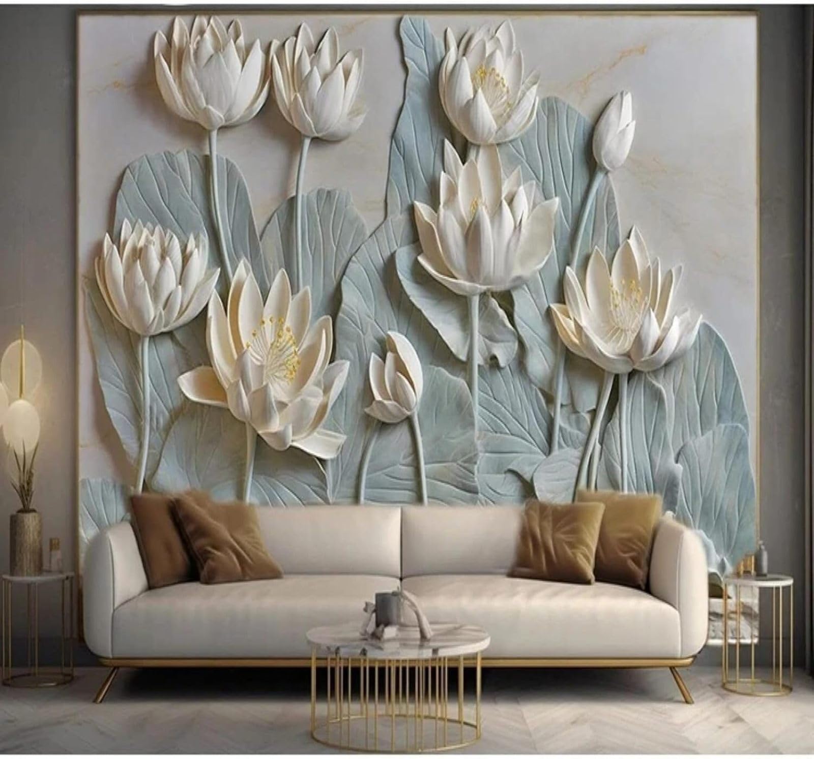 Xlming 400Cm×280Cm(B×H) Creative Light Blue Relief Lotus Leaves Lotus Flowers 3D Wallpaper Luxury Home Dining Decor Paste Sofa Living Room The Wall For Bedroom Mural-400Cm×280Cm