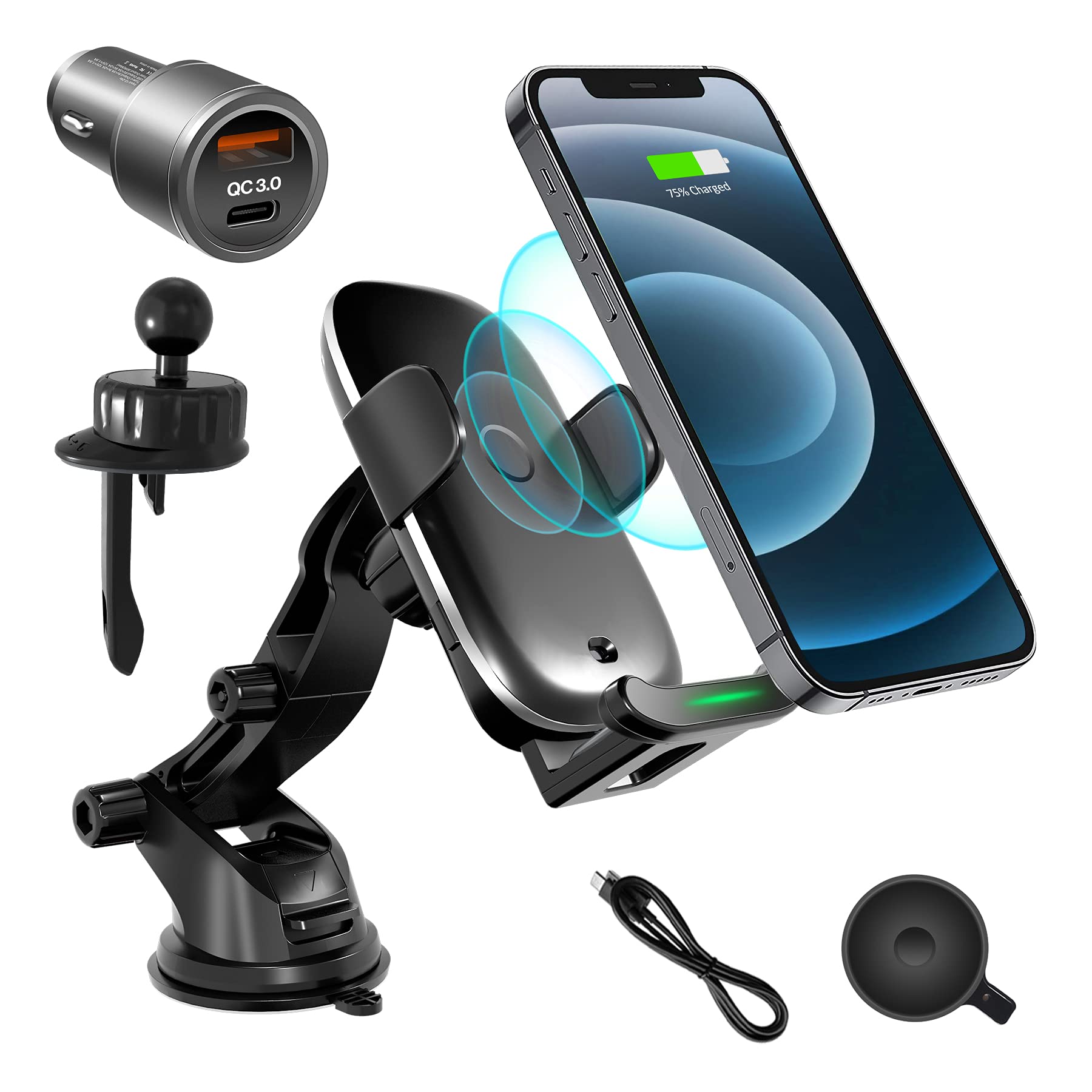 ATOTO Wireless Car Charger, Qi 15W Fast Charging Auto Clamping Phone Holder for Car Dashboard Windshield Air Vent, Auto Sense Car Phone Holder Mount Compatible with iPhone, Samsung, LG, Google Pixel