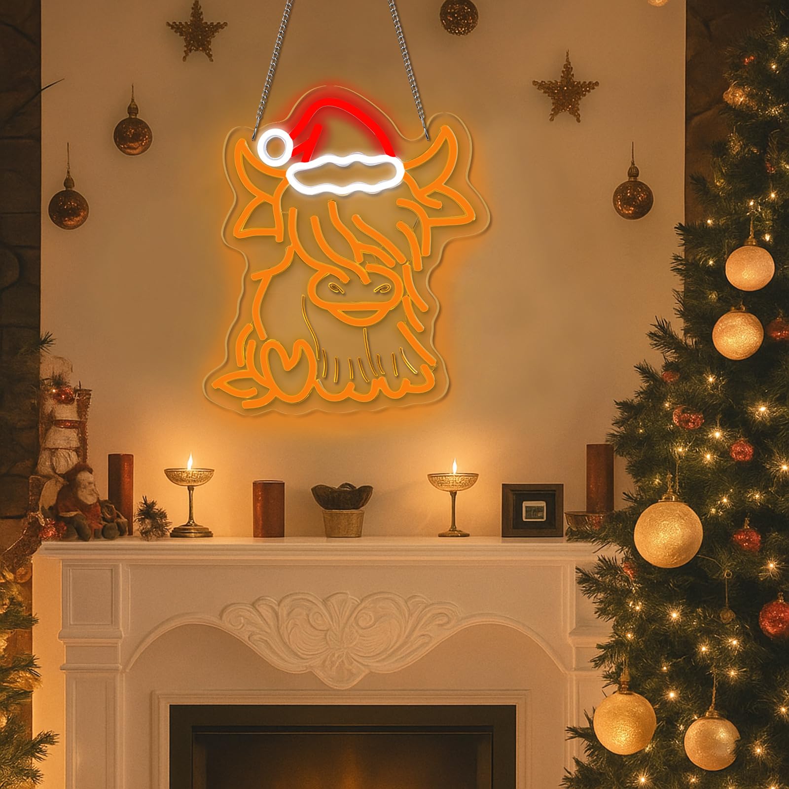 Riakrum Panneau néon en forme de vache des Highlands - Décoration de fenêtre de Noël pour chambre à coucher, salon, fête de vacances
