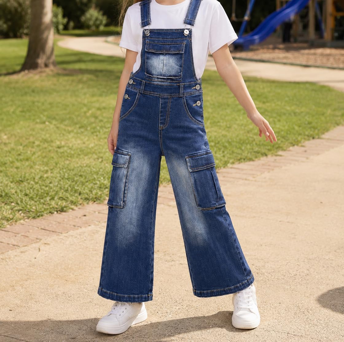 KIDSCOOL SPACE Salopette en jean pour fille, jambe large, accordéon, poches à talons profonds, salopette en jean cargo