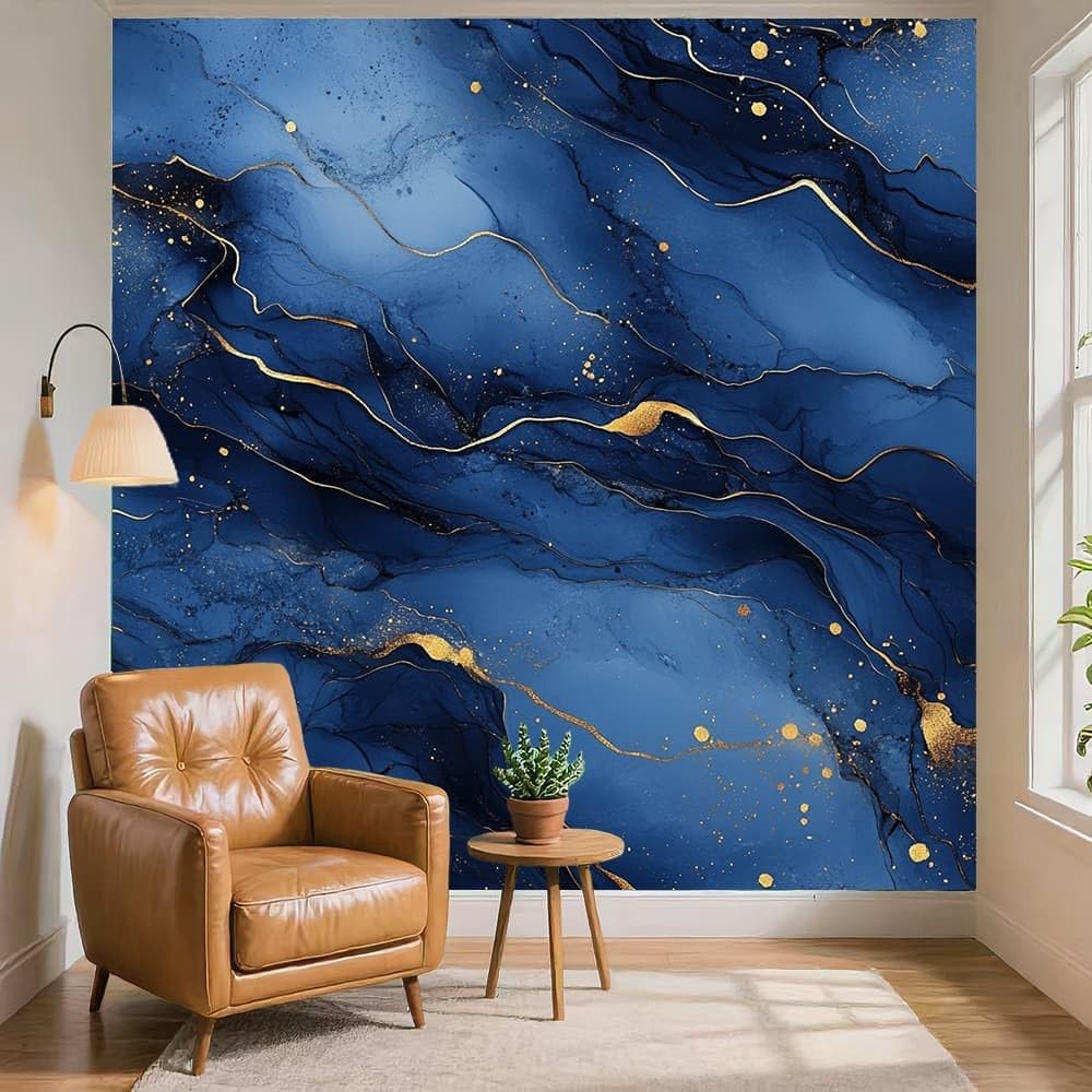 Tapeta panoramiczna 350 x 256 cm, luksusowe linie marmuru, fototapeta, neutralna zapachowa i usuwalna, bezszwowe łączenie, "zrób to sam", obraz ścienny, niebieska, do salonu, wynajmowanego mieszkania