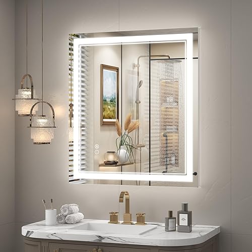 Miniatura 31 de OKPAL 50x30 Espejo de baño LED con marco negro, espejo iluminado para tocador de baño, iluminación frontal y trasera, regulable, antivaho, 3 Negro