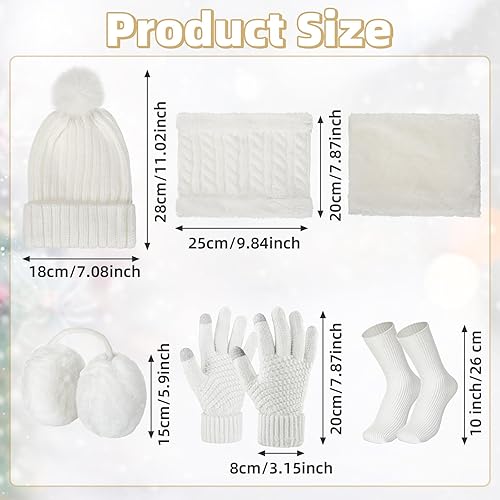 Miniatura 2 de Juego de 5 piezas de gorro de invierno bufanda y guantes de punto gorro con pompón, guantes cálidos para pantalla táctil, calentador de orejeras
