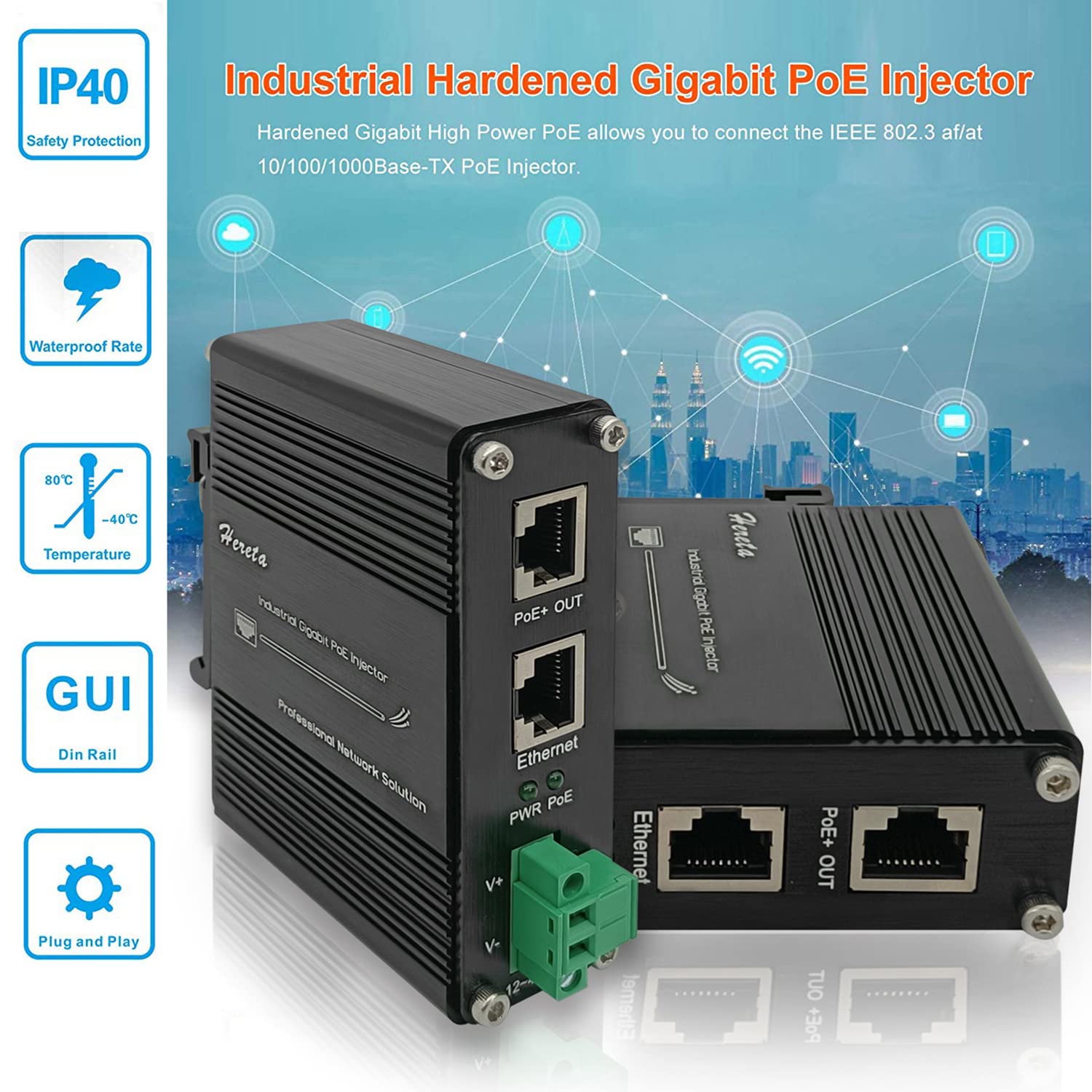 Inyector industrial Gigabit PoE+ endurecido de 12-48 V CC con riel DIN y montaje en pared que conecta el dispositivo PoE IEEE 802.3 af/at (30 W)