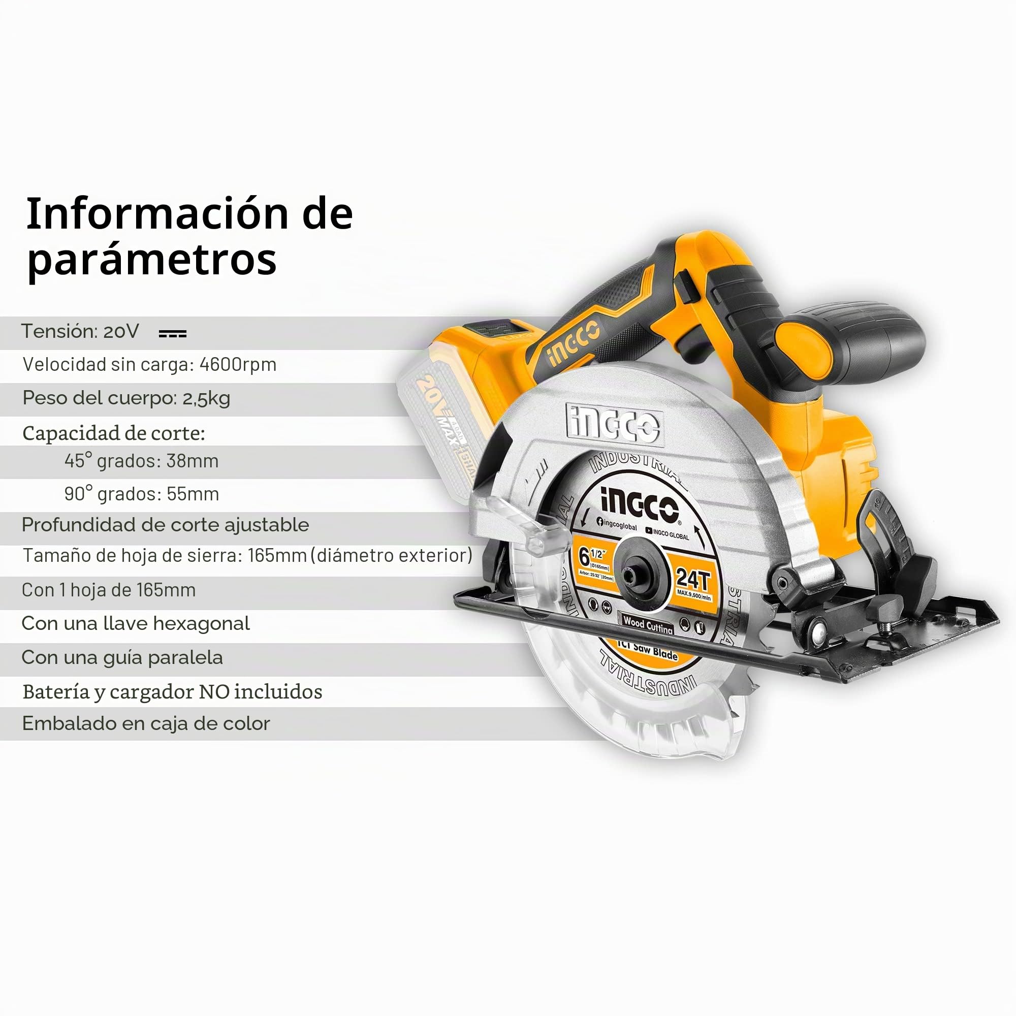 INGCO CSLI1651 - Sierra inalámbrica eléctrica de iones de litio, 20 V, 4600 RPM (solo cuerpo), 165 mm de diámetro de hoja, 55 mm de profundidad de corte con 1 hoja