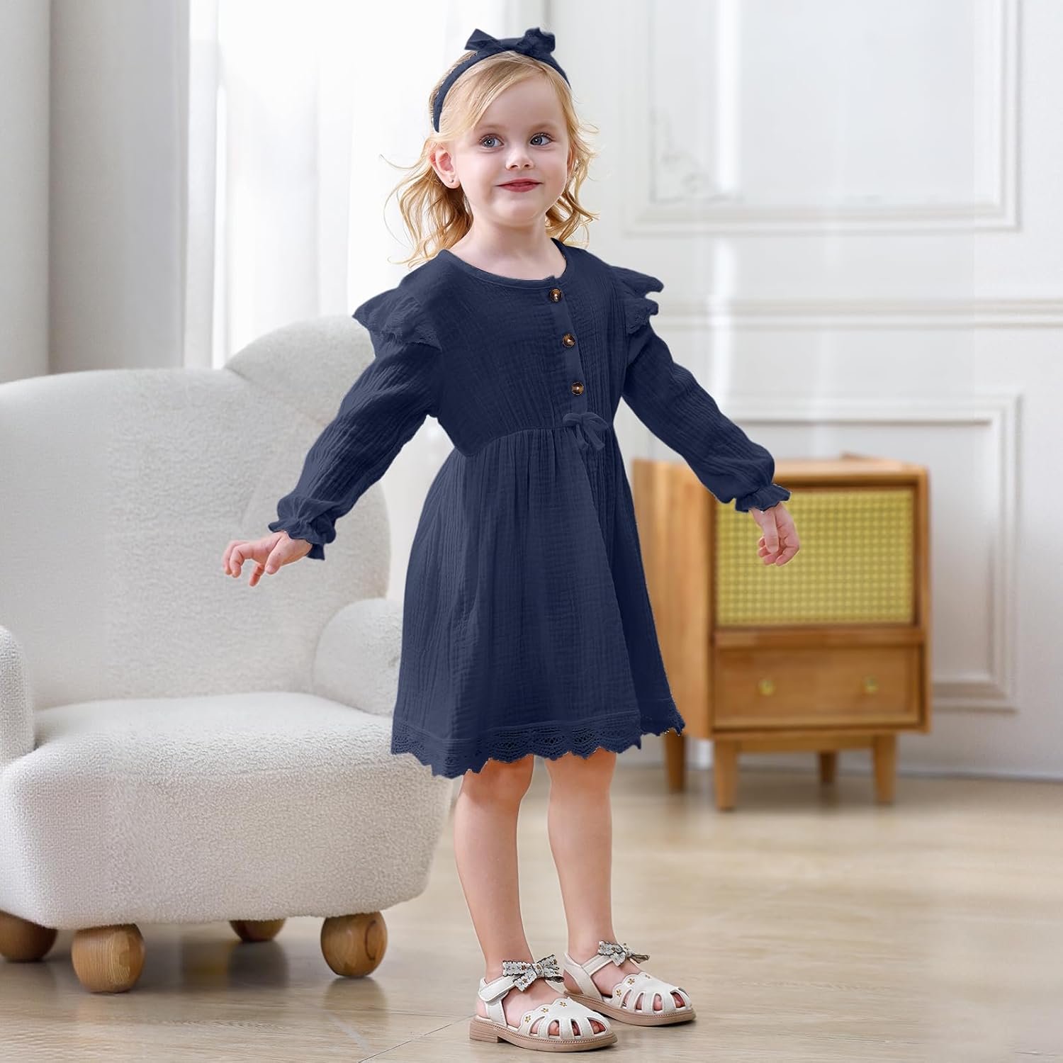 Sinhoon Toddler Fall Dress Baby Girl Dress Ruffle Long Sleeve Toddler Girl Dress Smocked Baby Fall Dresses with Bow Headband - Image 6