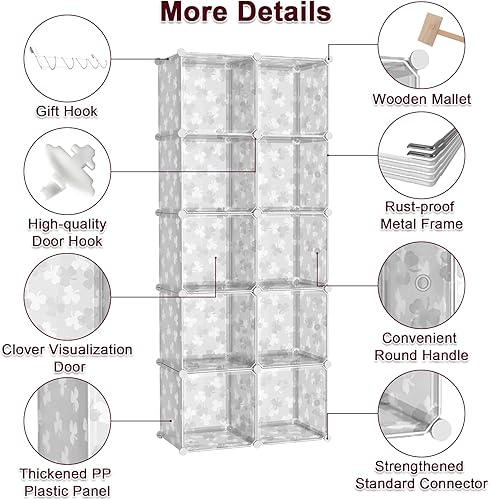 Miniatura 8 de C&AHOME Organizador de almacenamiento en cubos con puertas, estantes de 10 cubos, estantería modular de plástico para bricolaje, estantería de