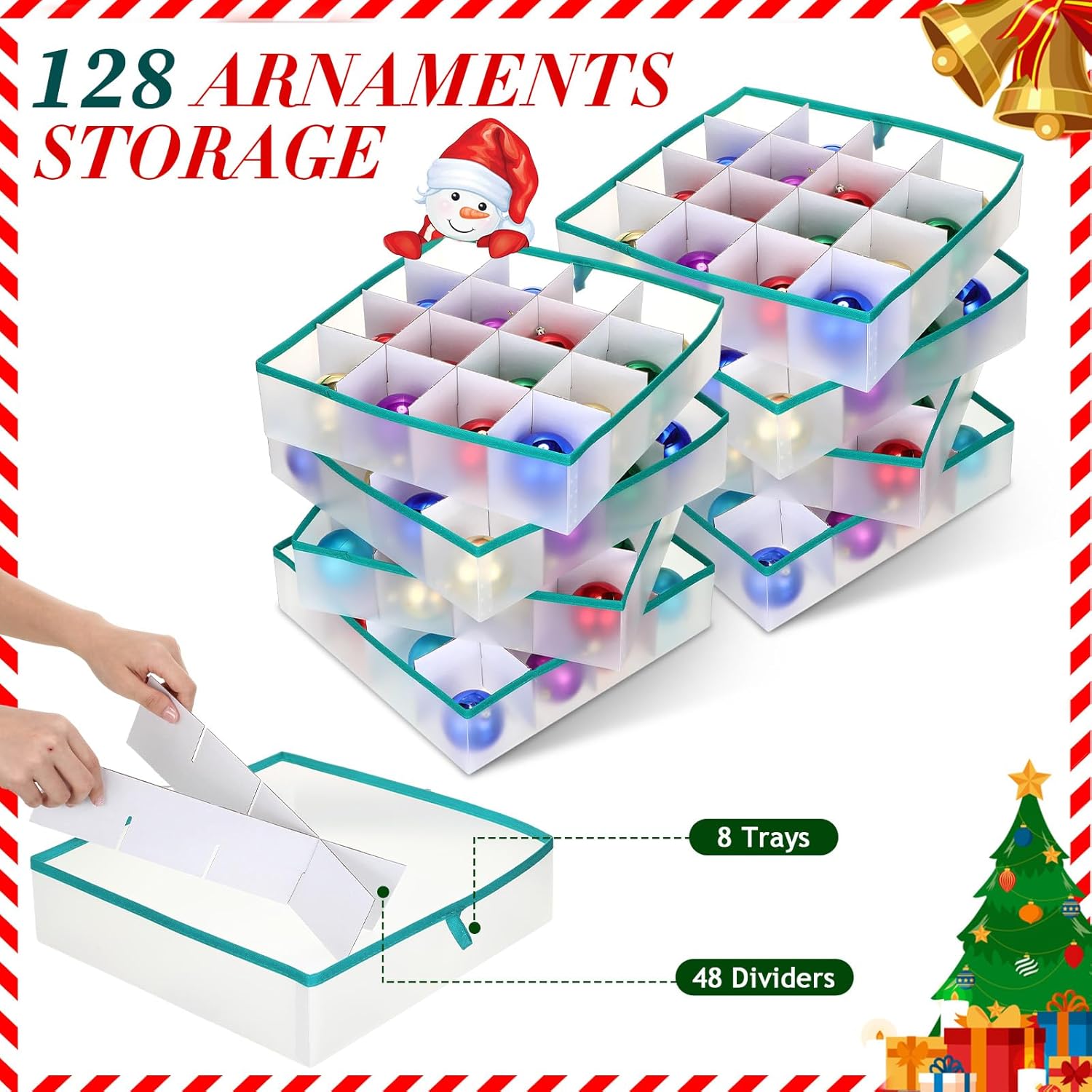 Hosuly 2 Pcs Plastic Christmas Ornaments Storage Box with Dividers, Zippers, 8 Trays,128 Slots, Christmas Storage Containers Xmas Ornaments Organizer for Holiday Balls Ornaments(Christmas Tree)