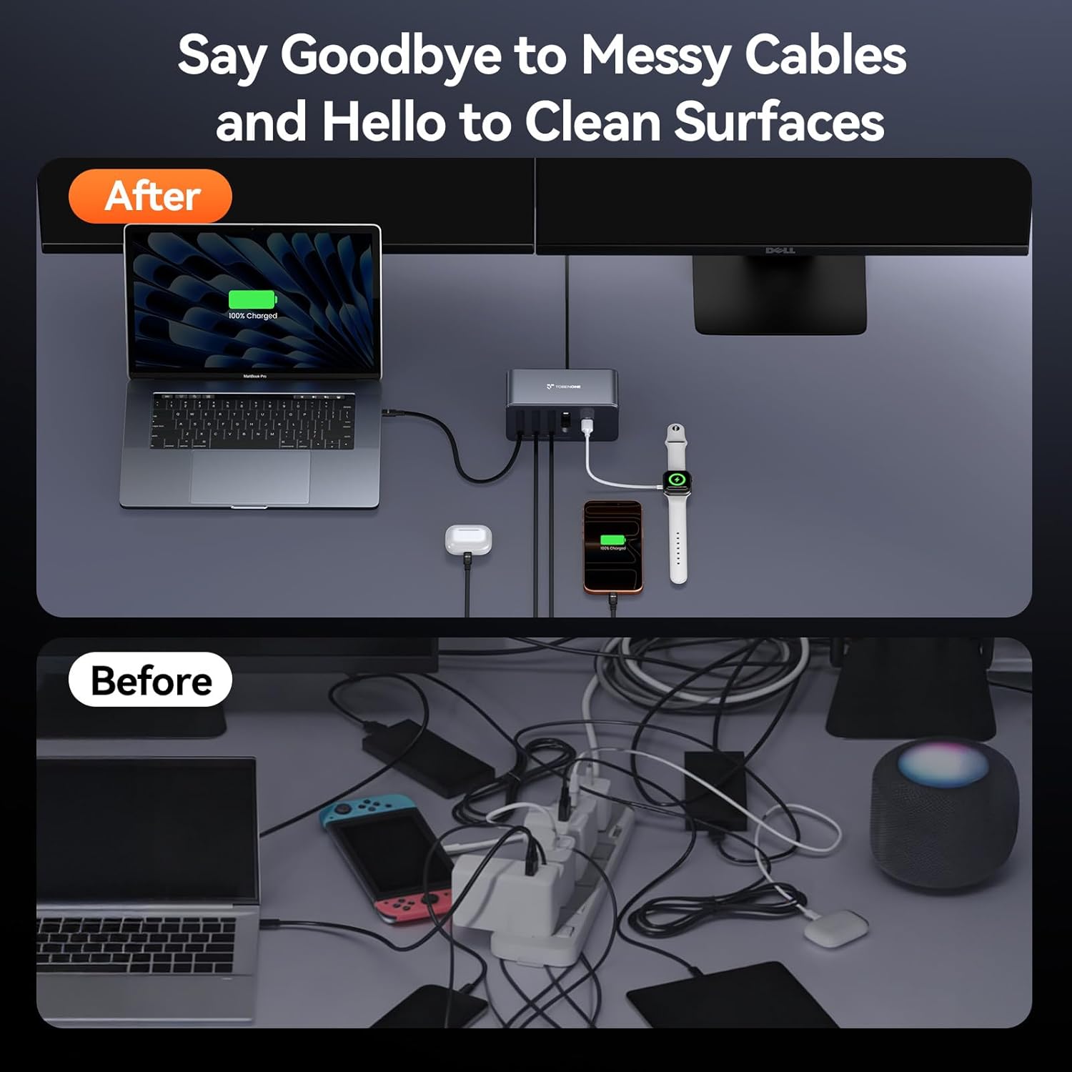 TobenONE 165W USB C Charging Station with Built-in Retractable Cable(2.3ft) & Lightning Adapter, 3 USB C, 1 USB A, 100W Desktop Fast Charging for MacBook, iPhone 17, iPad, Samsung, Home, Office - Image 5