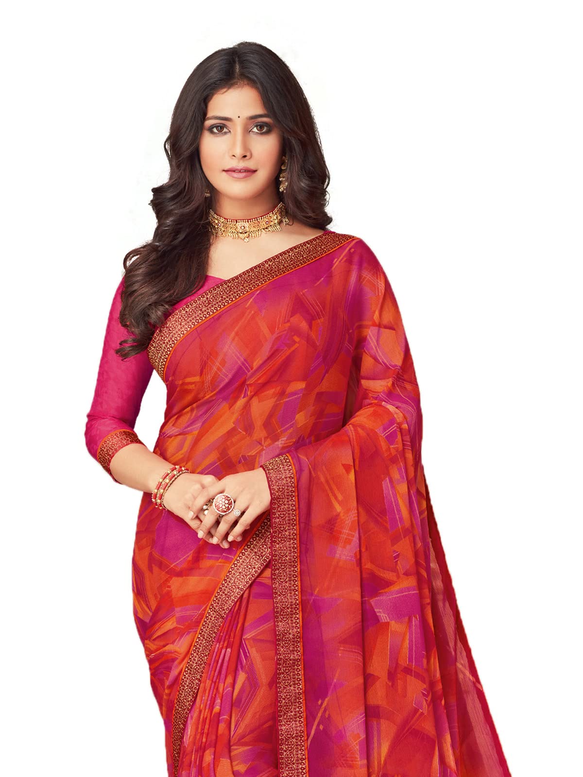 Satrani Women's Lace & Printed Chiffon Saree With Blouse(2206Sr933_Hot Pink & Multi)