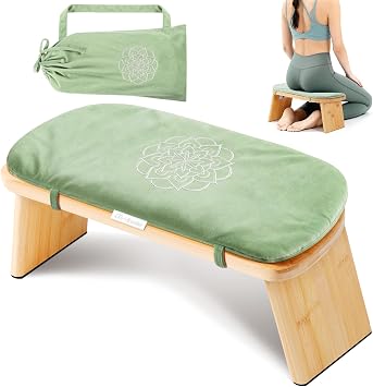 Hihealer Folding Bamboo Meditation Bench with Cushion & Carry Bag Ergonomic Yoga and Prayer Stool for Comfort and Posture Support Green