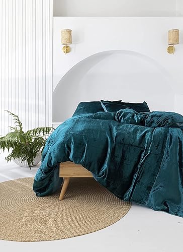Miniatura 2 de Sophia-Art Juego de cama de terciopelo de rayón de 3 piezas, estilo bohemio, funda de edredón de un solo color, funda de colcha (azul turquesa,