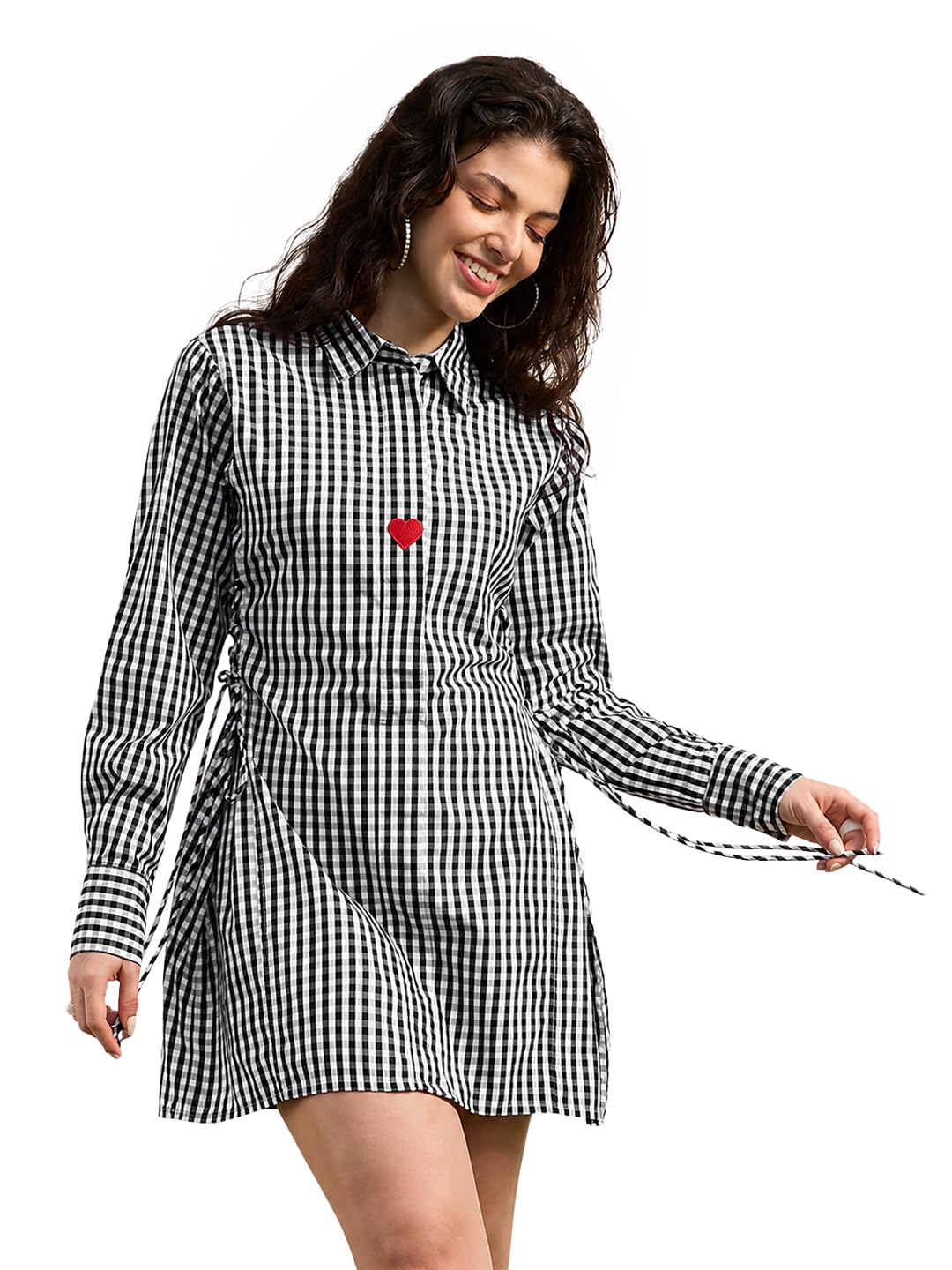 The Souled Store Camicia scozzese: donne e ragazze maniche lunghe colletto spalmato cotone a quadretti ricamato vestibilità regolare vita laterale regolabile abiti legati