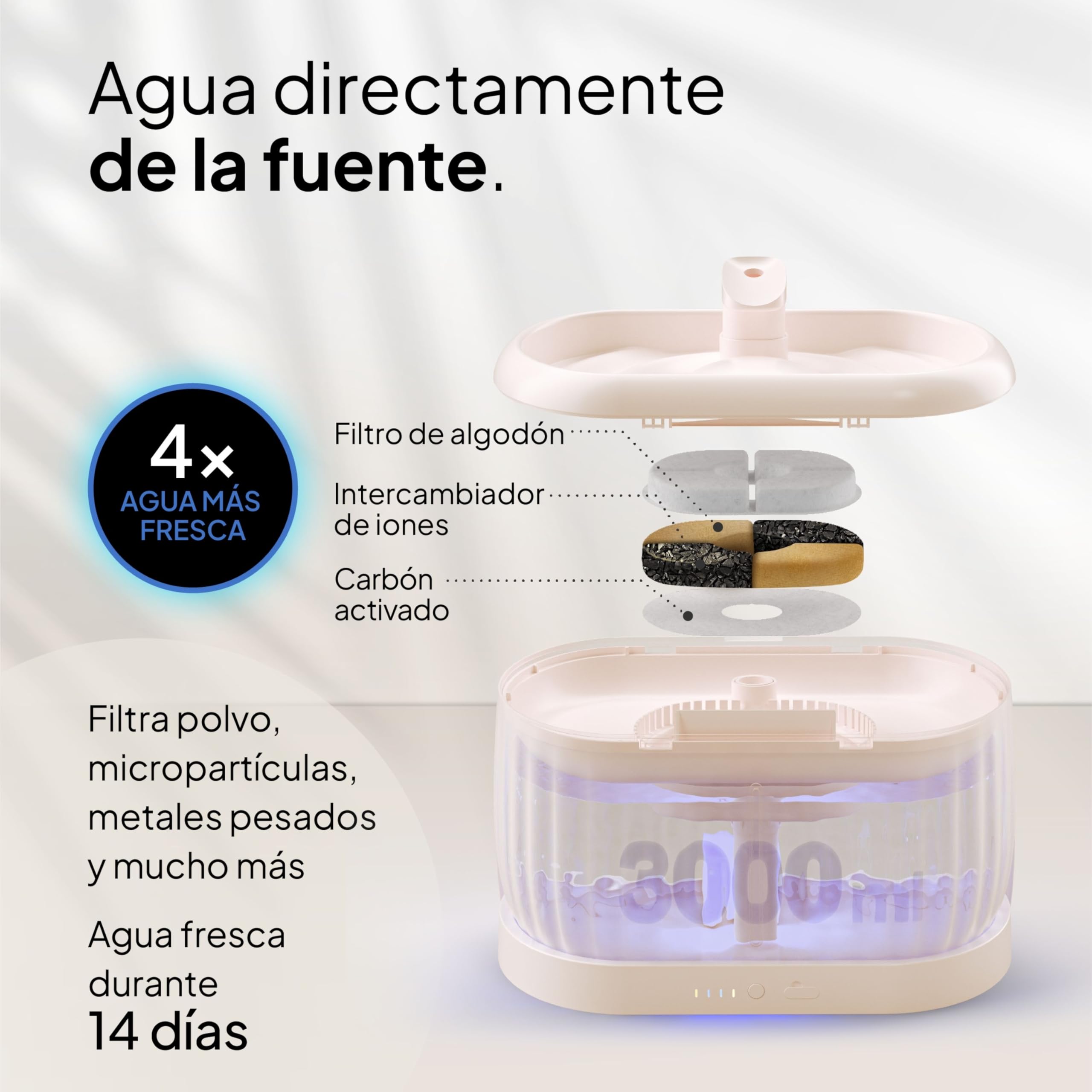 Pretty Paw Fuente de Agua para Gatos Inalámbrica 3L con Sensor de Movimiento - Batería Recargable USB, Bomba Silenciosa, Filtro Integrado - Pure Flow MAX (Beige)