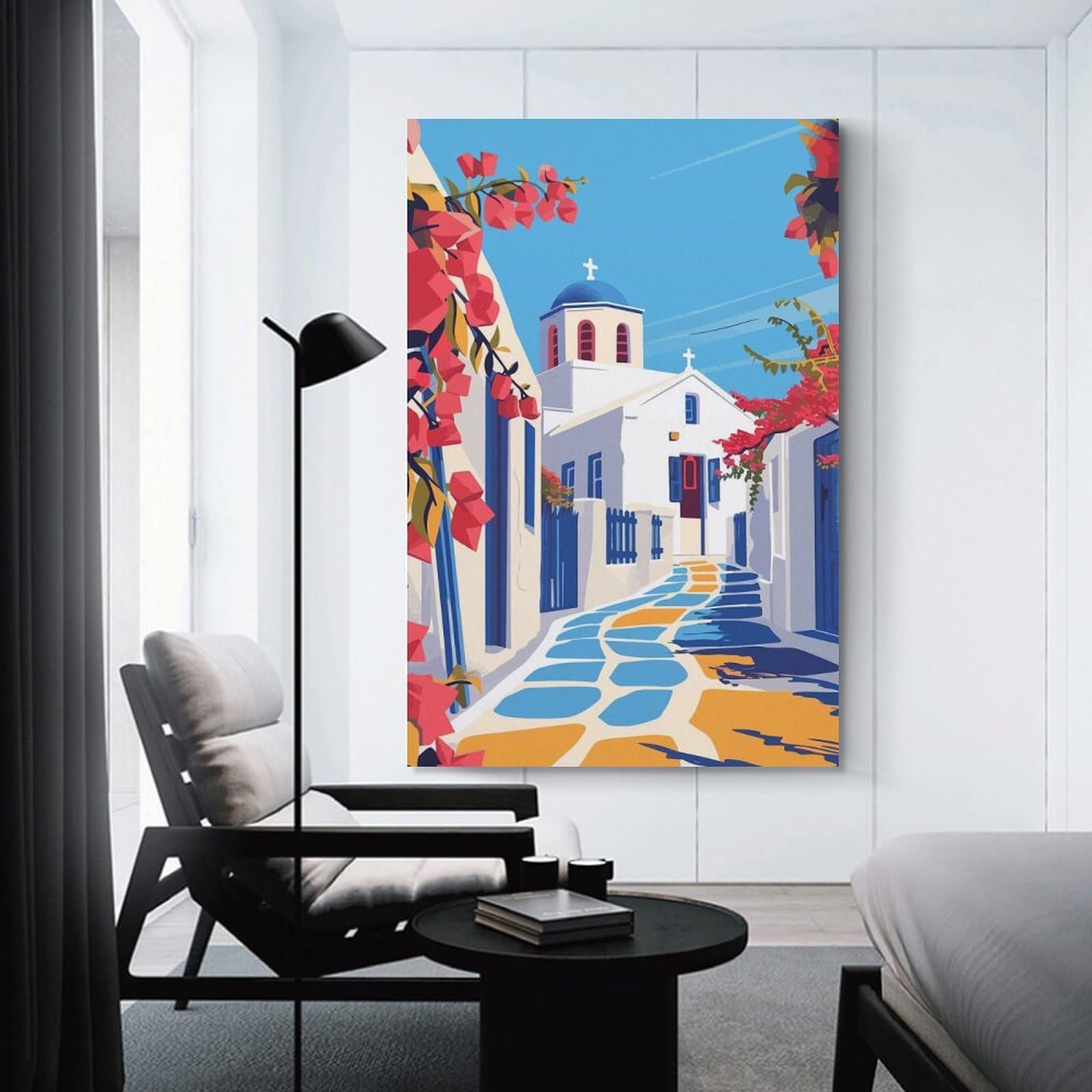 Junmoney Greek Town Greece Art Hanging Wall Art 24x36inch(60x90cm), for Study, Office Or Focused Interiors, Wall Art That Adds Style to Work Areas