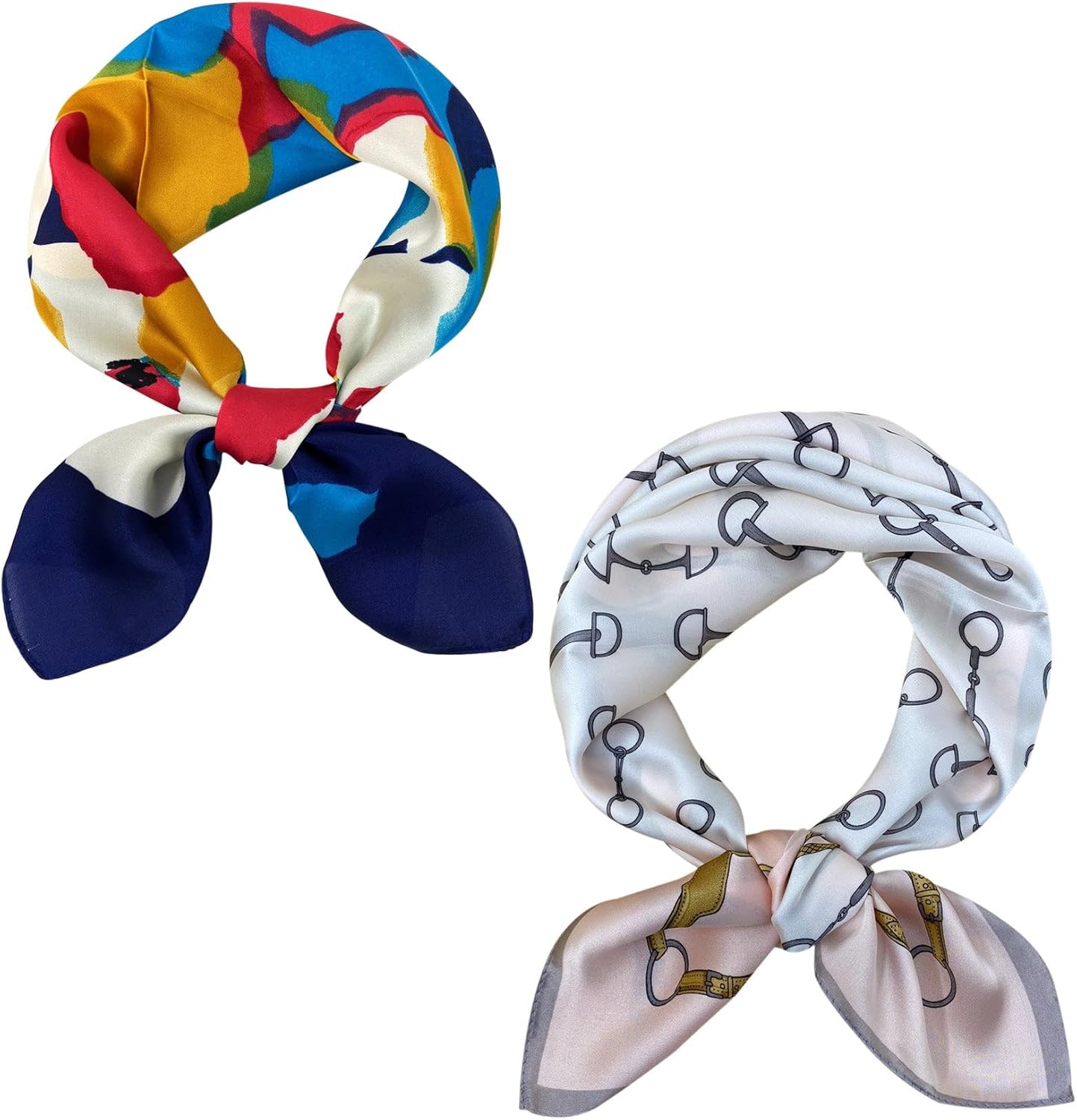 allydrew Womens 2 Piece Silky Feeling Satin Square Scarf Set, 26.5x26.5 Inch Neckerchief [A74029, A74020], Stirrups AB
