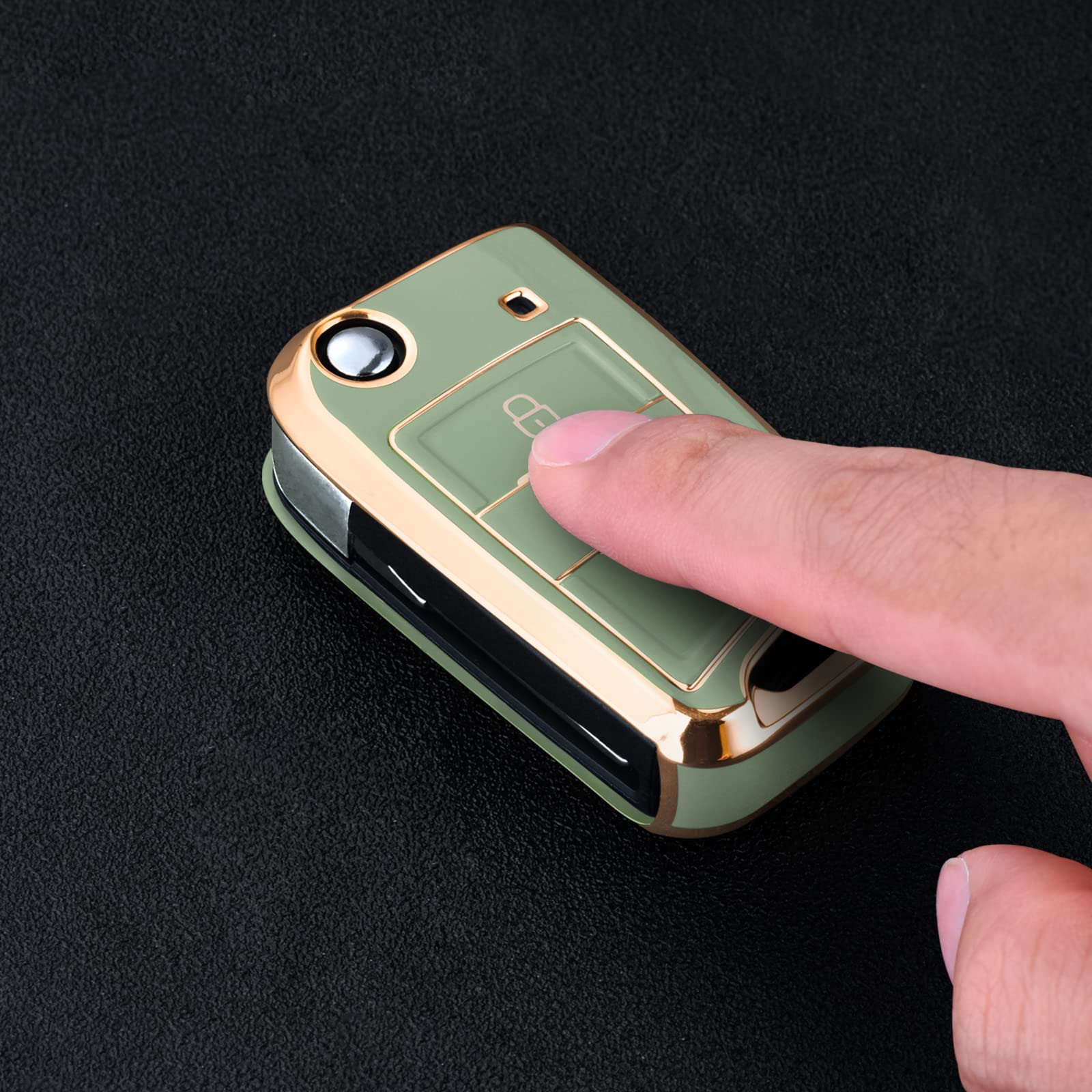 OATSBASF Car Key Case For VW, Key Case Compatible with VW Golf 7 MK7，Silicone Key Case, Key Box Cover for VW Polo, Skoda, Tiguan, 3 Buttons (gold trim-green) — view 4