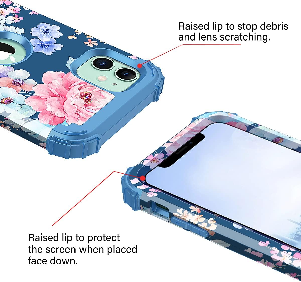 Rancase for iPhone 11 Case,Three Layer Heavy Duty Shockproof Protection Hard Plastic Bumper +Soft Silicone Rubber Protective Case for Apple iPhone 11 6.1 inch,Navy Blue Flower