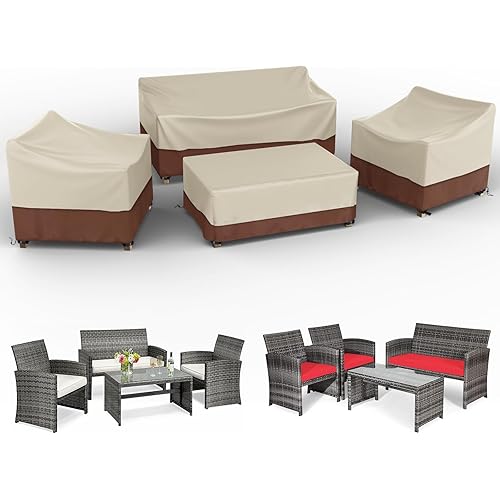 Outdoor Patio Furniture Covers 4-Piece Waterproof, Patio Furniture Set Covers 4 PCS, 500D Patio Covers includ: Ourdoor Sofa Cover, 2 Chair Covers, Coffee Table Cover -Beige&Brown