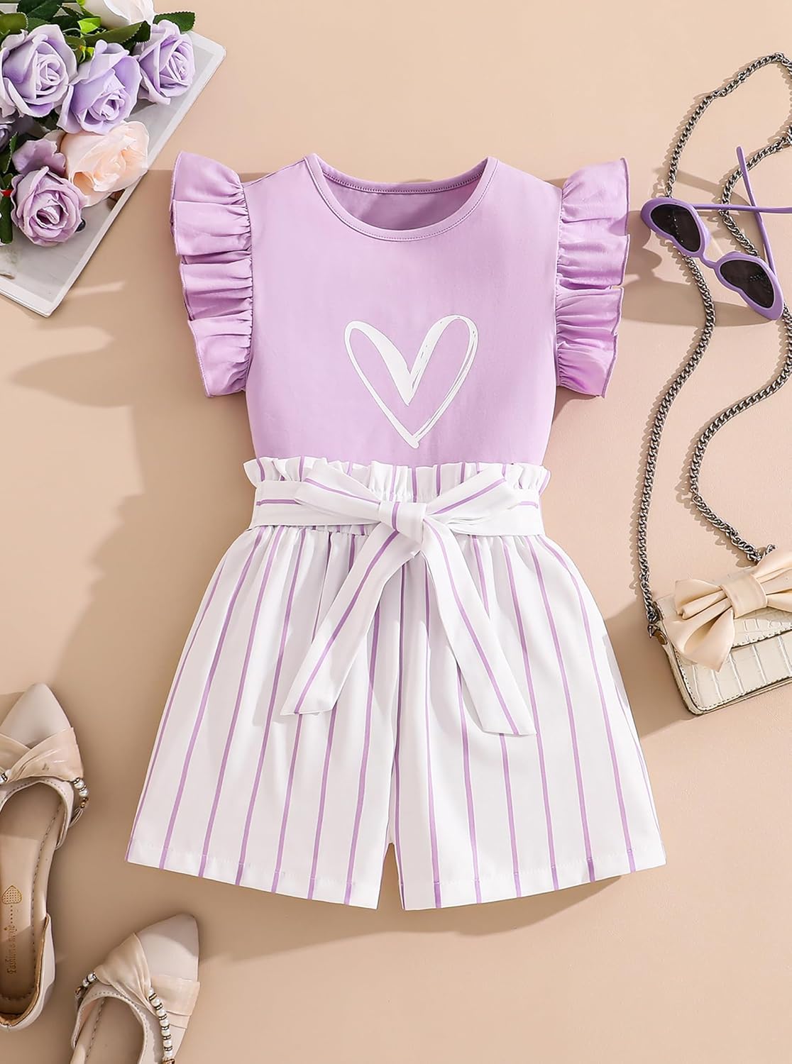 Girls' 2 Pieces Outfits Cute Ruffle Sleeve Top and High Waisted Striped Shorts Set - Image 2