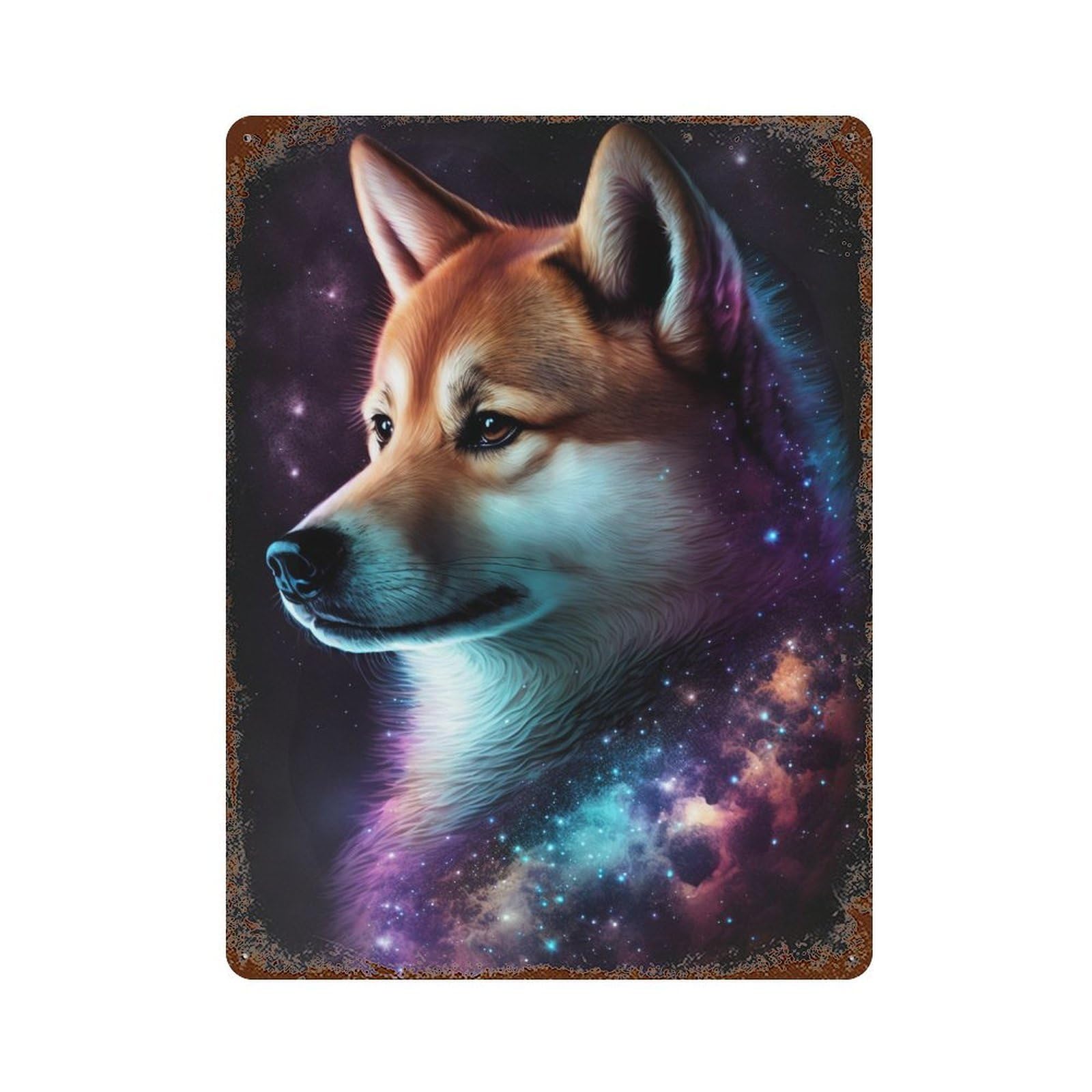 Rusty Metal Tin Sign with Cosmic Wolf Portrait Design 15.7"x11.8", for Shed, Workshop And Garage Wall Decor, Classic Wall Plaque