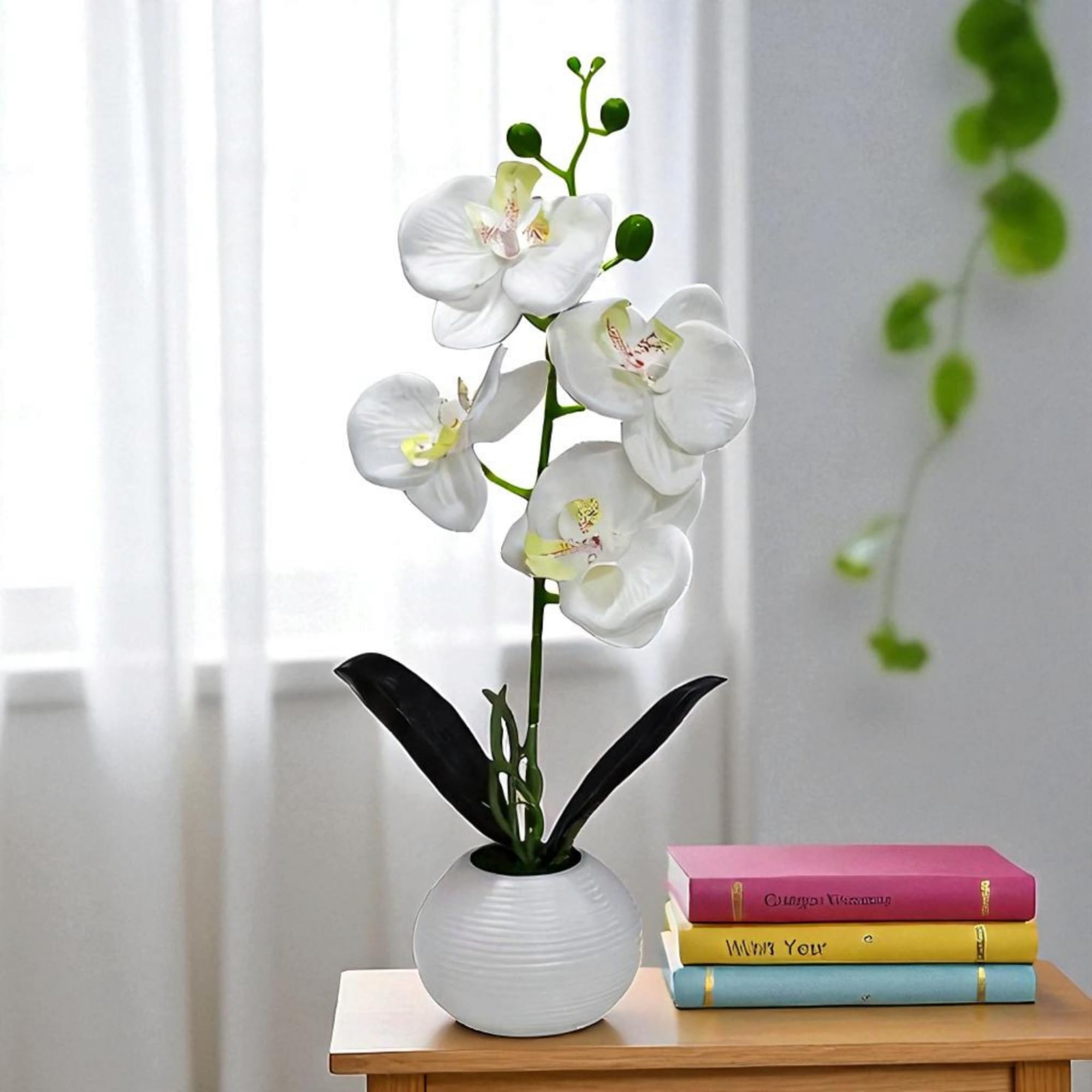CURATED CART Artificial Orchid Plant - 36cm Silk Flower with Real Touch Latex Petals in White Plastic Pot | 4 Bloom Heads | Home, Wedding, Office, Tabletop Decor (White)-picture-34