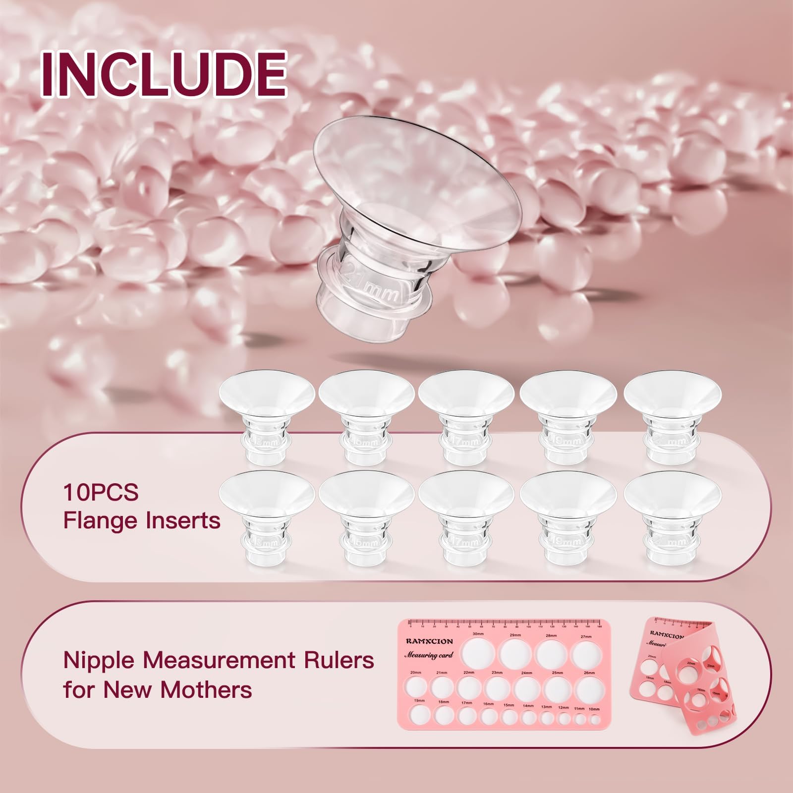 10 PCS Inserts de Bride 13/15/17/19/21mm, Accessoires D'allaitement Compatibles Avec la Plupart Des Pompes à Lait Électriques Et Manuelles, Avec Brosse De Nettoyage Et Carte De Mesure Pour Mamelons