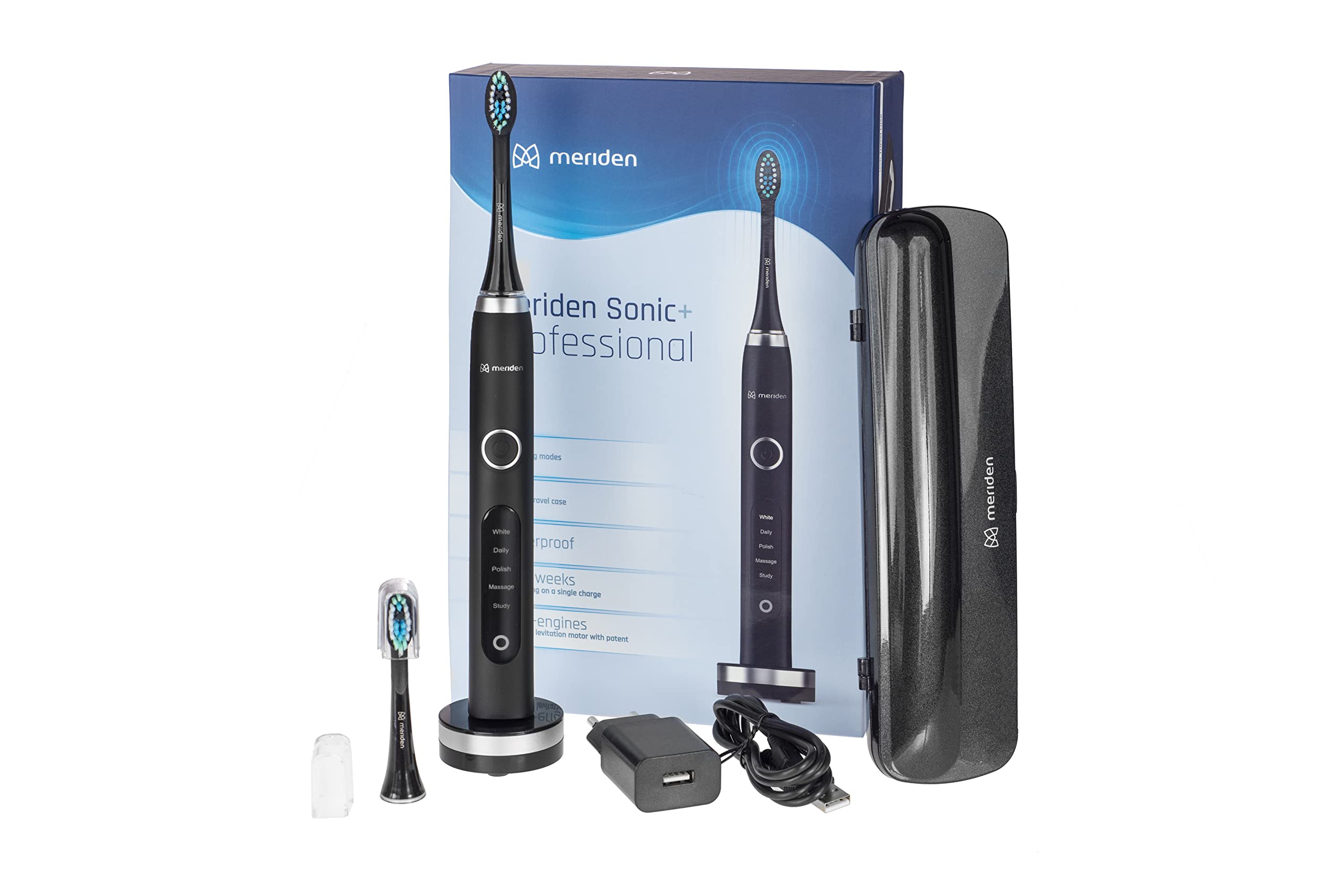 Meriden Sonic+ elektryczna szczoteczka do zębów Sonic+ Professional ultradźwiękowa szczoteczka do zębów z 2 głowicami do szczoteczek do zębów, etui podróżne, 5 trybów pracy, stacja ładująca, czarna