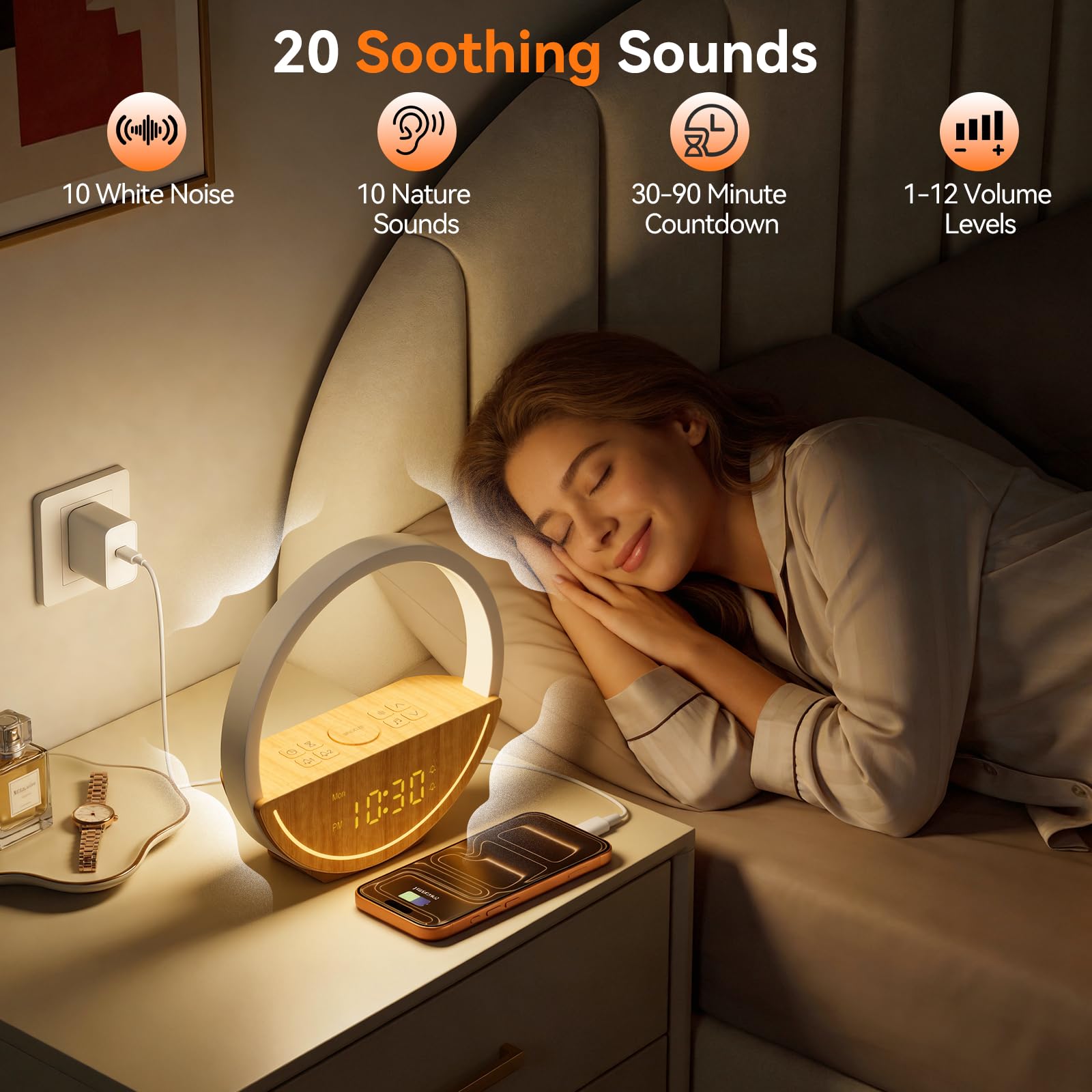 RETEYUNG Nachttischlampe mit Tageslichtwecker, Touch-Control, USB-Ladefunktion, 15 Wecktöne, 20 Naturklänge, 2 Wecker
