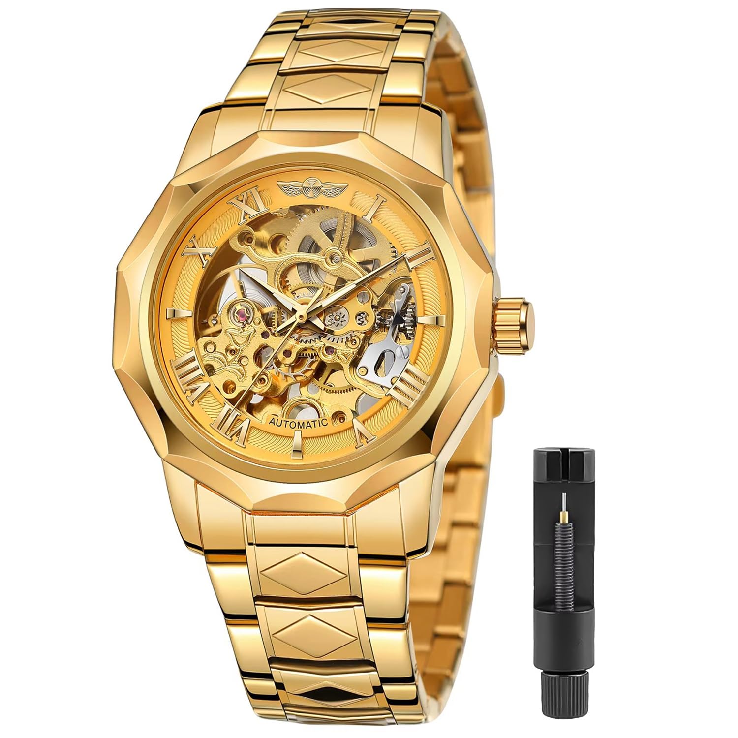 Fashion Automatic Watches Mechanical Wrist Watch Golden for Mens Skeleton Watches with Stainless Steel Transparent Dial