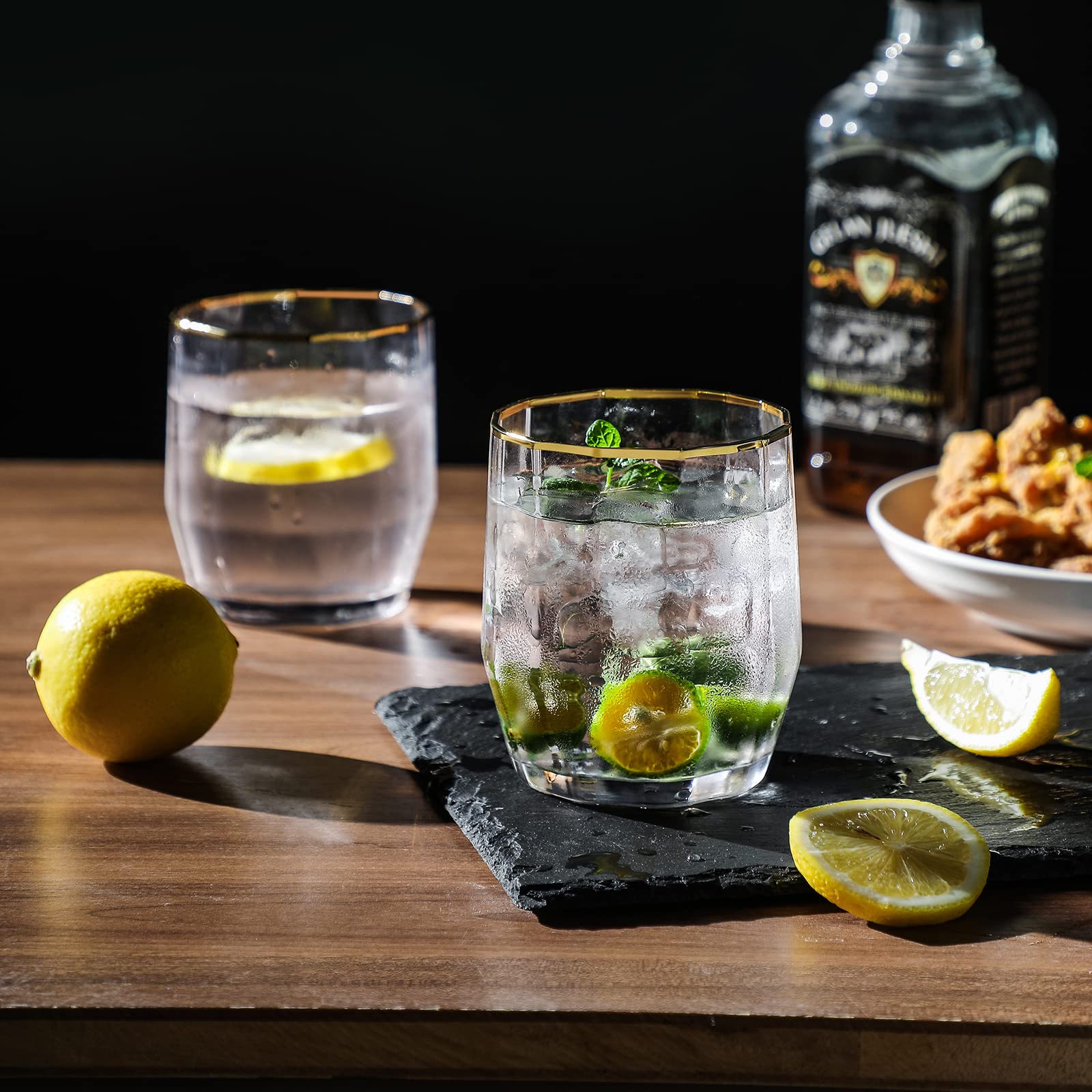 Juego de 6 vasos de copa de oro con borde de 14 onzas, cristalinos y bonitos vasos Highball para mojito, cóctel, agua, cerveza, coque, soda y bebidas mixtas