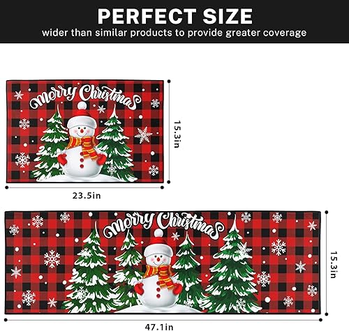 Miniatura 2 de ArtSocket Juego de 2 tapetes y tapetes de cocina antideslizantes y lavables, diseño de copos de nieve con diseño de muñeco de nieve, diseño de árbol